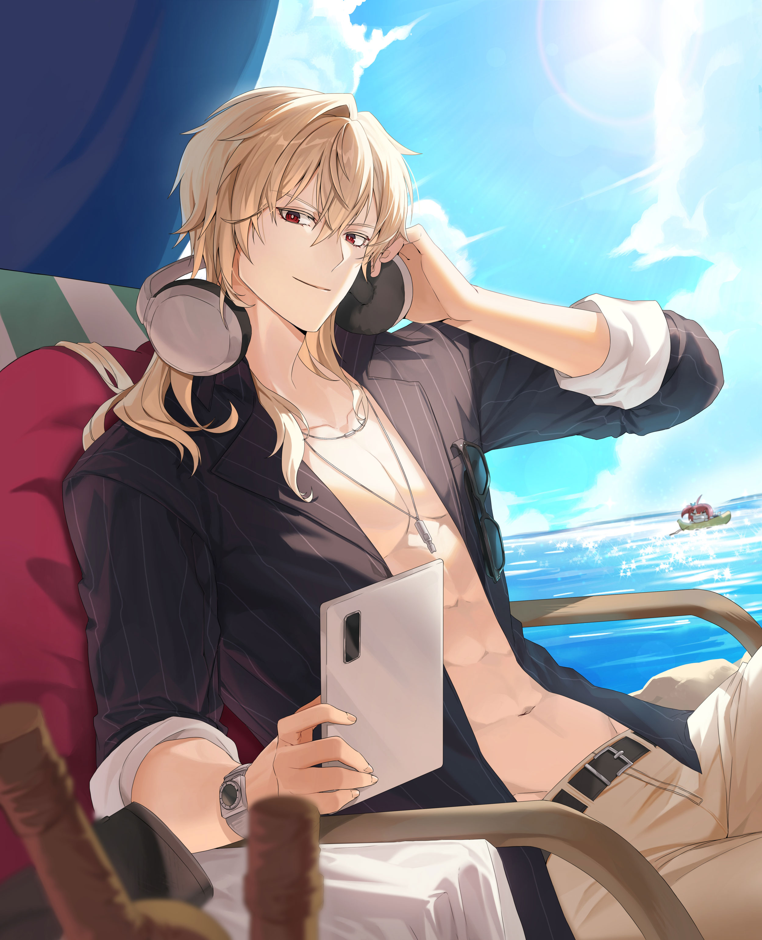 wolfgang schneider, closers, absurdres, highres, official art, 1boy, abs, belt, black shirt, blonde hair, blurry, blurry foreground, chair, closed mouth, day, hand up, headphones, holding, holding tablet pc, jewelry, long hair, looking at viewer, male focus, necklace, pants, pectorals, red eyes, shirt, sitting, smile, solo, sunlight, tablet pc, white pants