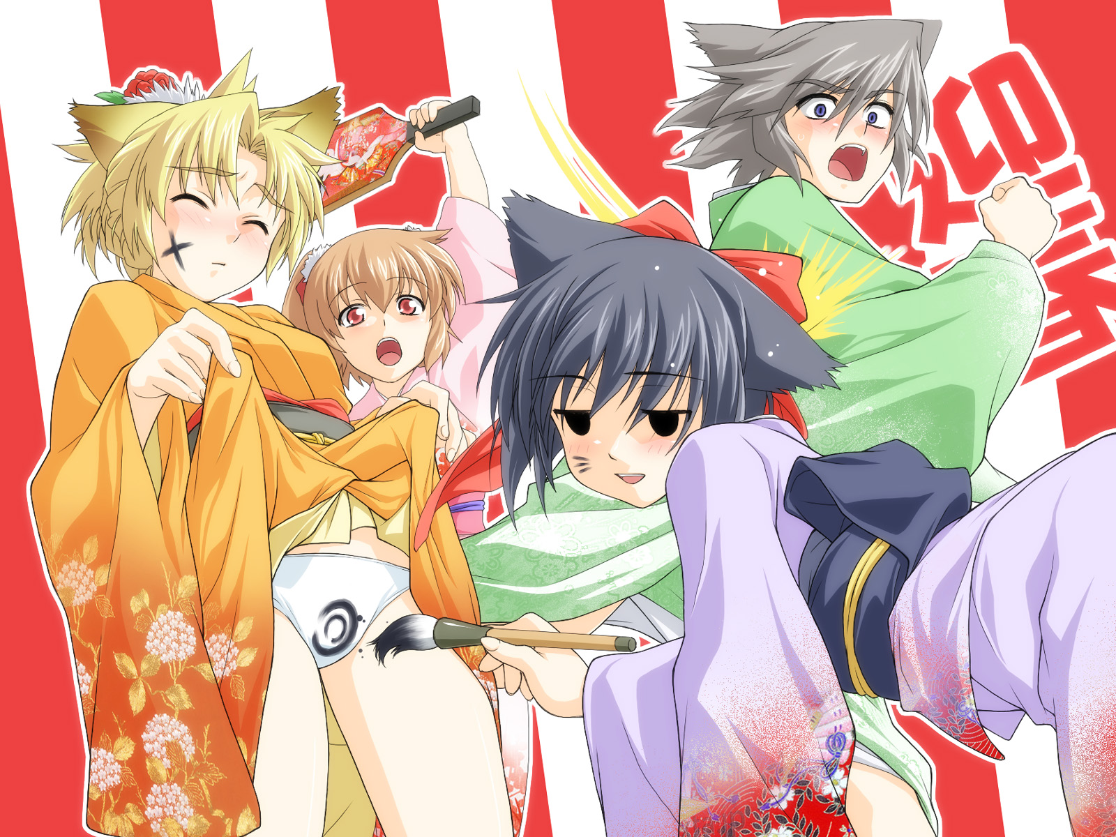 kazuita, tsukumo kazuita, original, highres, 4girls, animal ears, blush, clothes lift, embarrassed, fox ears, japanese clothes, kimono, multiple girls, panties, skirt, skirt lift, underwear
