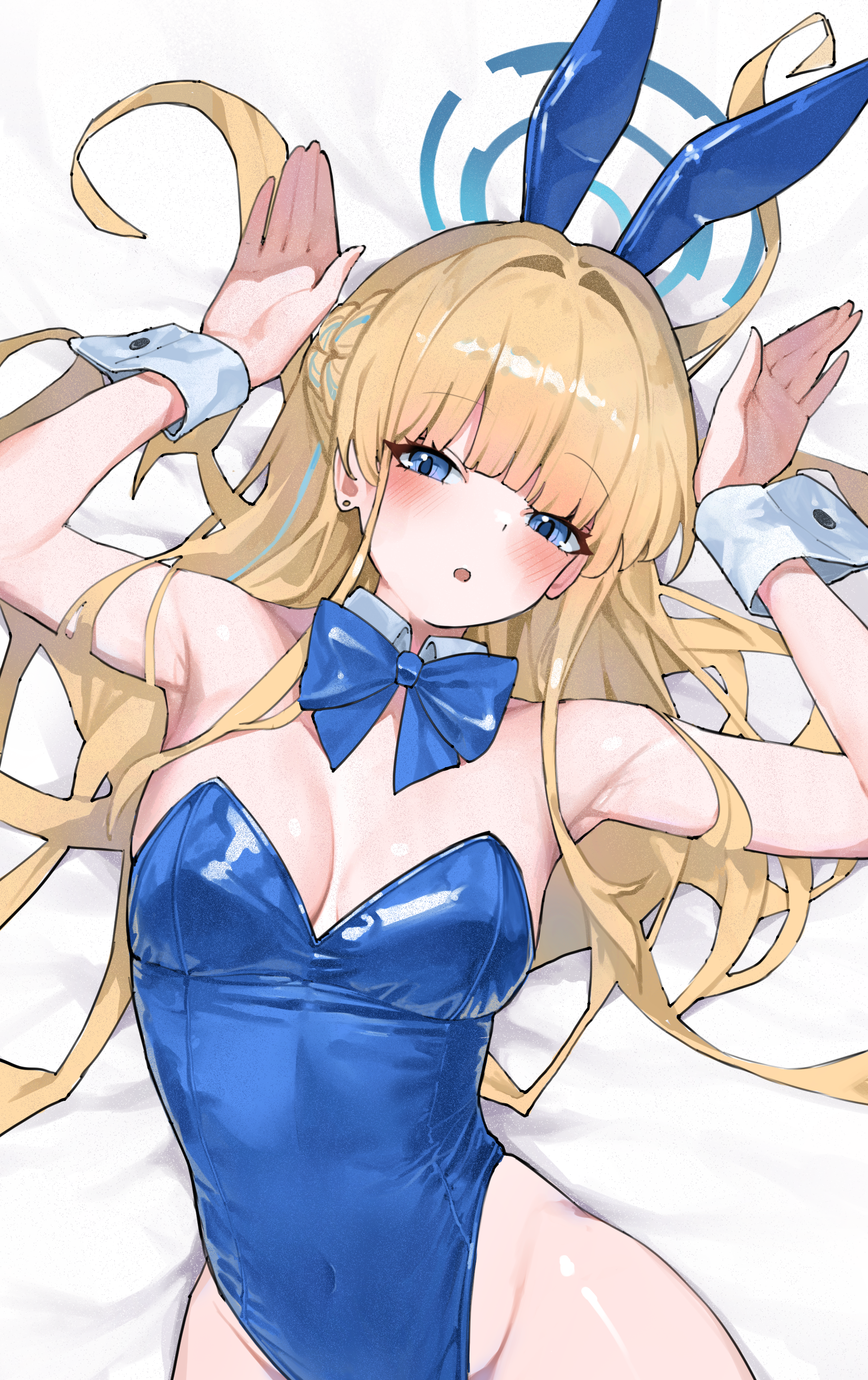 toki (blue archive), toki (bunny) (blue archive), blue archive, absurdres, highres, 1girl, animal ear hairband, animal ears, armpits, bare arms, bare shoulders, blonde hair, blue bow, blue eyes, blue hairband, blue halo, blue leotard, blush, bow, braid, breasts, cham ggi, covered navel, detached collar, earrings, fake animal ears, hairband, half up braid, halo, highleg, highleg leotard, jewelry, leotard, long hair, looking at viewer, official alternate costume, official alternate hairstyle, open mouth, playboy bunny, rabbit ear hairband, rabbit ears, rabbit pose, sidelocks, solo, strapless, strapless leotard, stud earrings, wrist cuffs