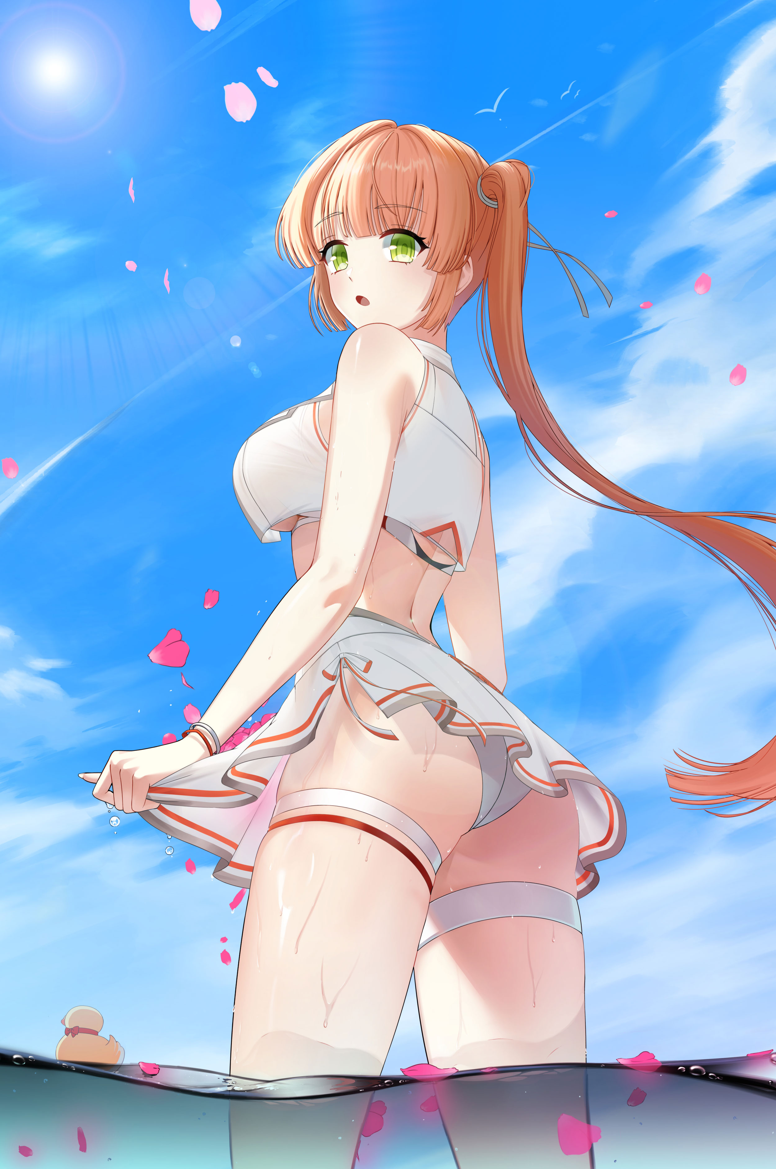 soma (closers), closers, absurdres, highres, official art, 1girl, :o, ass, bare arms, bare shoulders, bikini, blonde hair, breasts, cowboy shot, crop top, crop top overhang, day, from behind, green eyes, high-waist skirt, large breasts, long hair, looking at viewer, looking back, median furrow, midriff, miniskirt, open mouth, outdoors, petals, ponytail, rubber duck, shirt, side ponytail, side slit, skirt, skirt hold, sleeveless, sleeveless shirt, solo, standing, sunlight, swimsuit, thigh strap, thighs, underboob, very long hair, wading, water, wet, white bikini, white shirt, white skirt, wristband