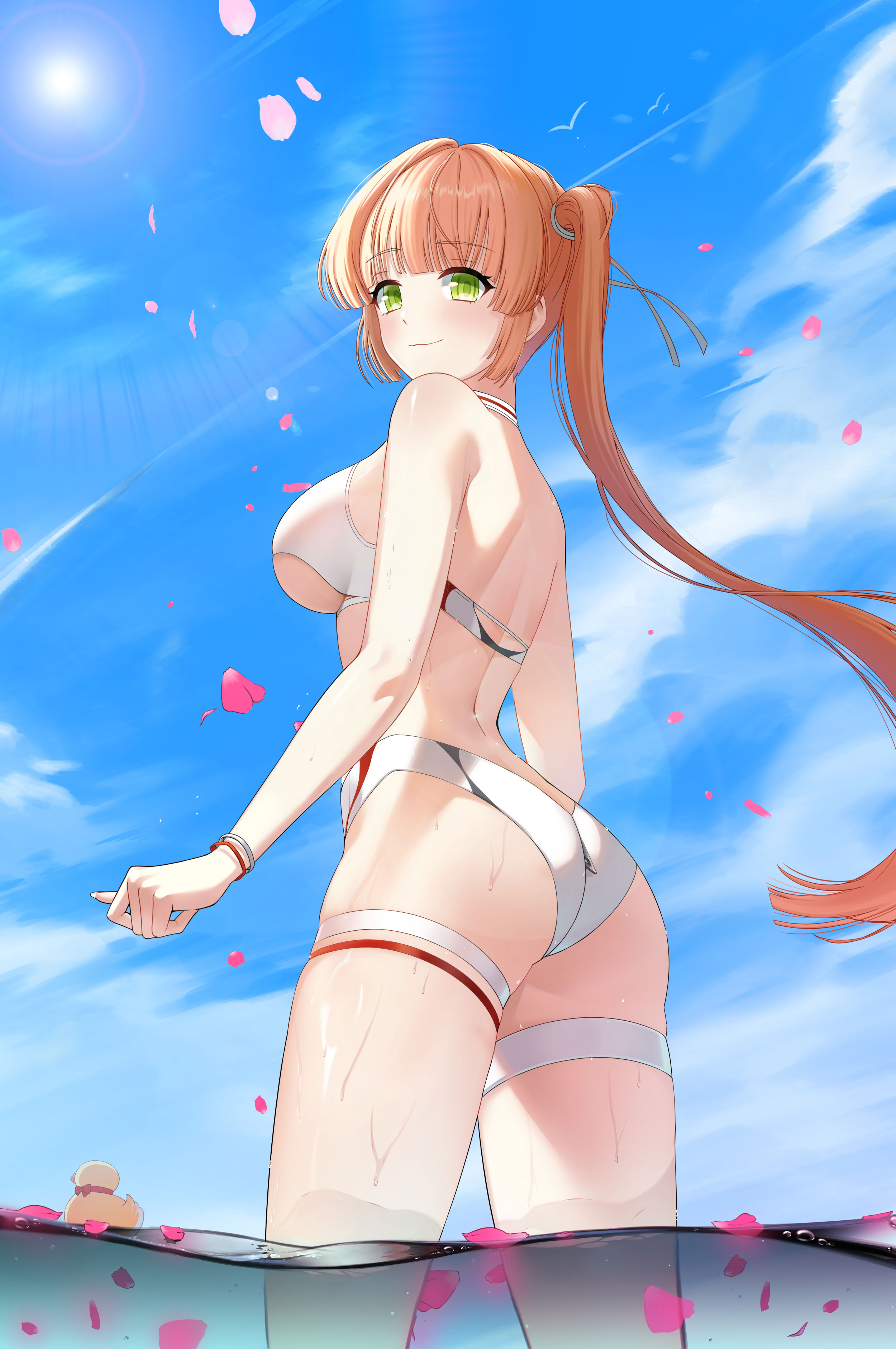 soma (closers), closers, absurdres, highres, official art, 1girl, :3, ass, back, bare arms, bare shoulders, bikini, blonde hair, breasts, closed mouth, cowboy shot, day, from behind, green eyes, halterneck, highleg, highleg bikini, large breasts, long hair, looking at viewer, looking back, median furrow, outdoors, petals, ponytail, rubber duck, side ponytail, smile, solo, standing, sunlight, swimsuit, thigh strap, thighs, underboob, very long hair, wading, water, wet, white bikini, wristband