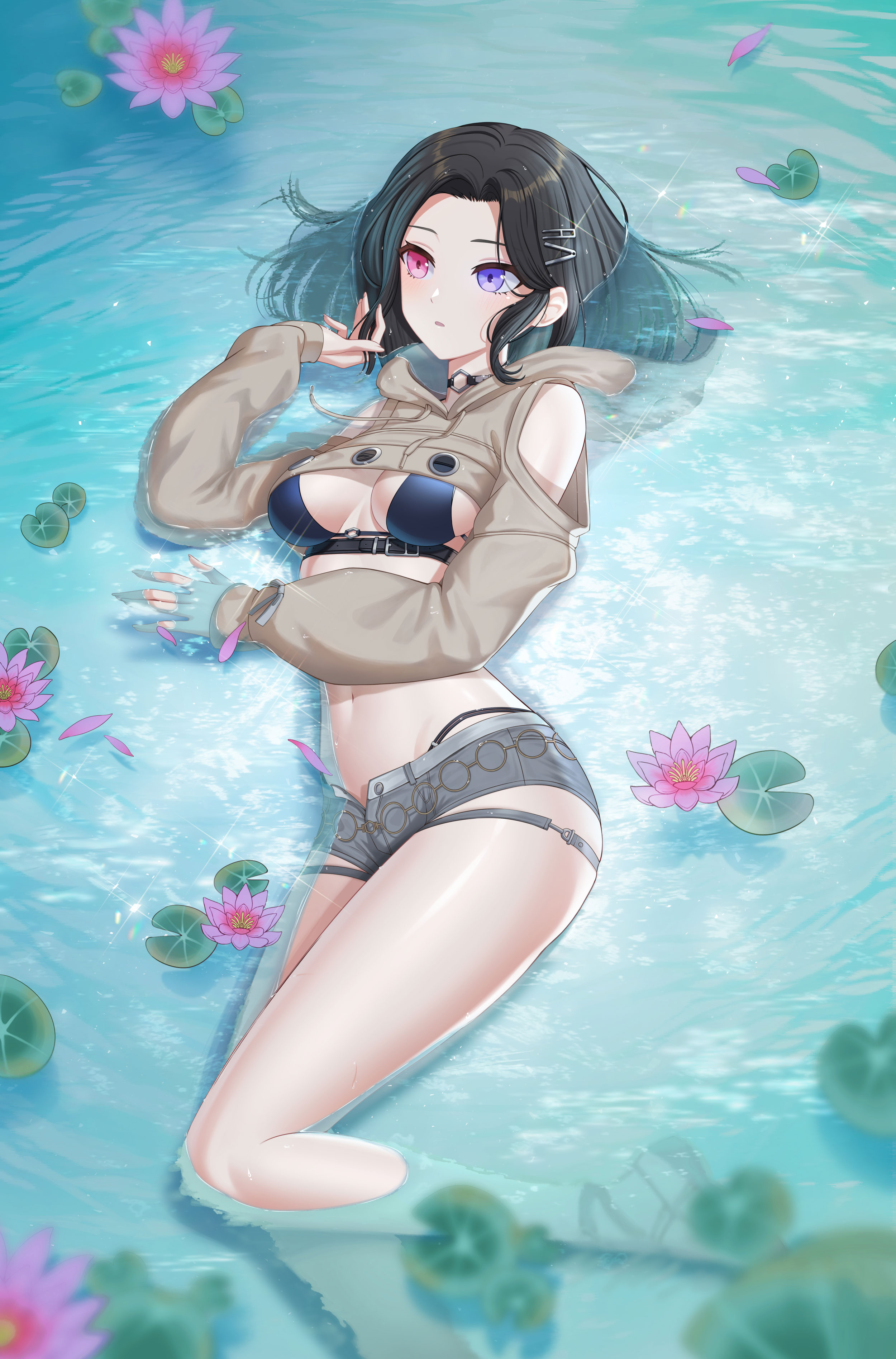 bai winchester, closers, absurdres, highres, official art, 1girl, bare shoulders, belt, bikini, bikini under clothes, black choker, black hair, blue bikini, breasts, brown hoodie, choker, clothing cutout, crop top, flower, forehead, grey shorts, hair ornament, hairclip, hand up, heterochromia, hood, hood down, hoodie, lily pad, long sleeves, looking to the side, lotus, lying, medium breasts, medium hair, navel, o-ring, o-ring choker, on side, open fly, parted bangs, parted lips, pink eyes, pink flower, purple eyes, sandals, short shorts, shorts, shoulder cutout, solo, stomach, swimsuit, thighs, water