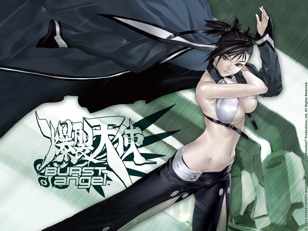 hakua ugetsu, sei (bakuretsu tenshi), bakuretsu tenshi, 00s, 1girl, black hair, breasts, dated, female focus, grey eyes, jacket, large breasts, midriff, ponytail, short hair, solo, underboob