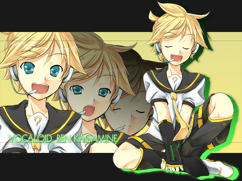 momo-iro, setins, kagamine len, vocaloid, 1boy, :d, closed eyes, full body, indian style, letterboxed, looking at viewer, male focus, multiple views, neckerchief, open mouth, sailor collar, school uniform, serafuku, shirt, short sleeves, shorts, sitting, smile, spread legs, white shirt