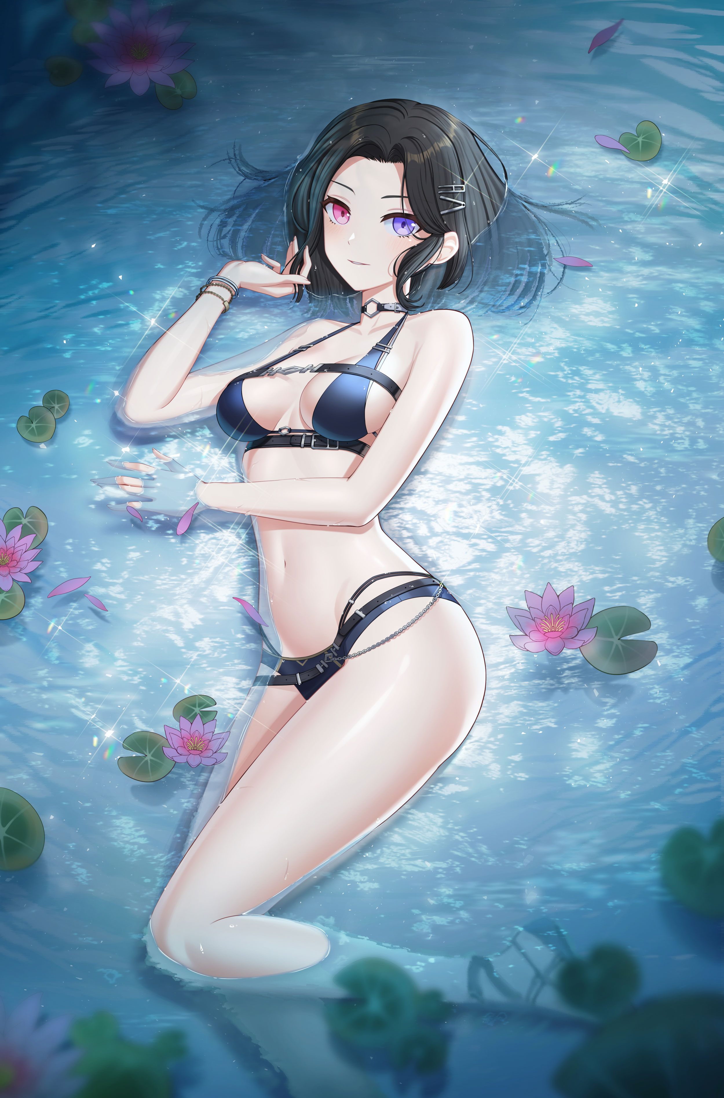 bai winchester, closers, absurdres, highres, official art, 1girl, bare arms, bare shoulders, bikini, bikini under clothes, black choker, black hair, blue bikini, breasts, chest harness, choker, flower, forehead, hair ornament, hairclip, halterneck, hand up, harness, heterochromia, lily pad, looking at viewer, lotus, lying, medium breasts, medium hair, multi-strapped bikini bottom, navel, o-ring, o-ring choker, on side, parted bangs, parted lips, pink eyes, pink flower, purple eyes, sandals, smile, solo, stomach, swimsuit, thighs, water, wristband