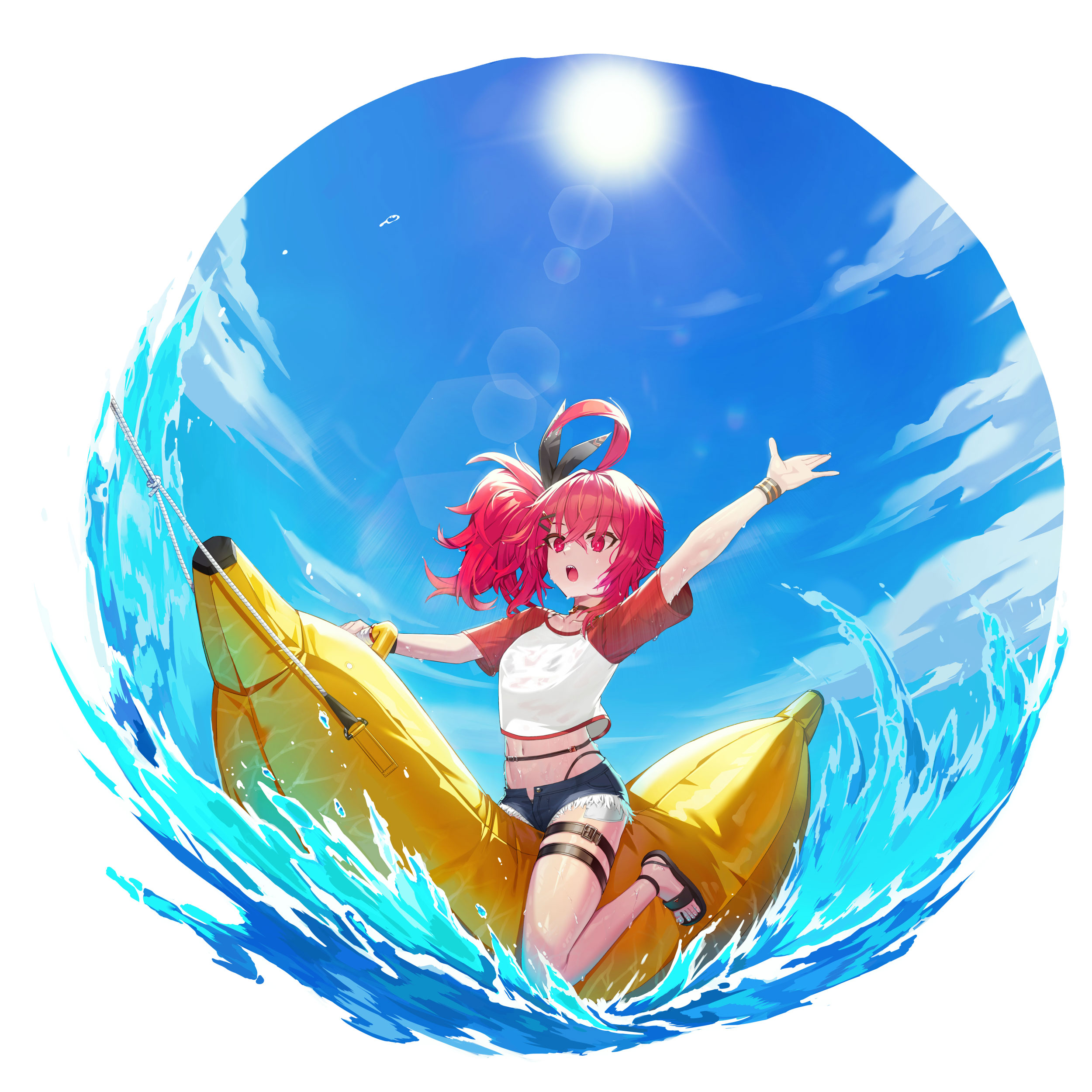 seth (closers), closers, absurdres, highres, official art, 1girl, :o, ahoge, arm up, banana boat, belt, black choker, blue shorts, choker, crop top, crop top overhang, cutoffs, day, denim, denim shorts, exposed pocket, hair ribbon, highleg, lens flare, long hair, midriff, navel, open fly, open mouth, raglan sleeves, red eyes, red hair, ribbon, riding, sandals, sharp teeth, shirt, short shorts, short sleeves, shorts, side ponytail, solo, stomach, sunlight, teeth, thigh belt, thigh strap, thighs, water, wet, wet clothes, wet shirt, white shirt, wristband