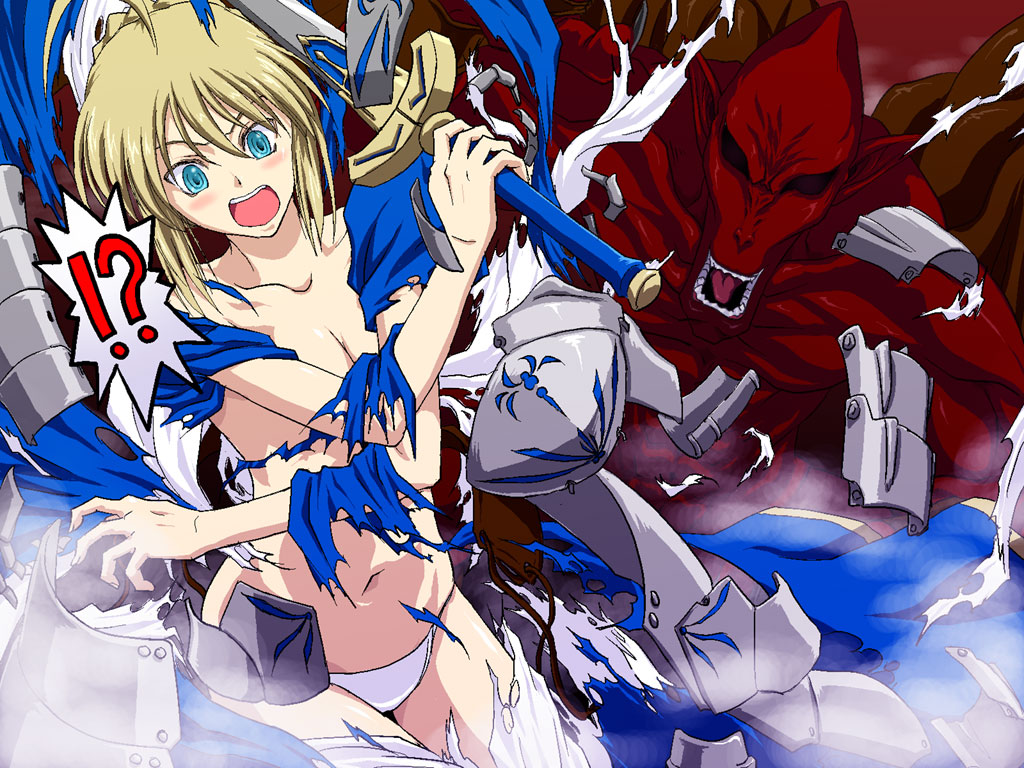 iga tomoteru, artoria pendragon (fate), red arremer, saber (fate), capcom, fate/stay night, fate (series), makaimura, !?, 1girl, ahoge, armor, blonde hair, blue eyes, blush, breasts, cleavage, colored skin, crossover, demon, no bra, panties, parody, pointy ears, red skin, sword, torn clothes, underwear, wardrobe malfunction, weapon