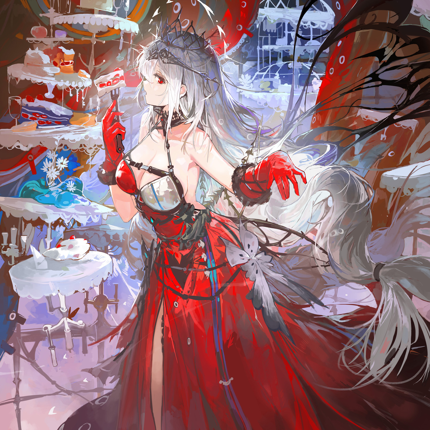 alchemaniac, skadi (arknights), arknights, highres, 1girl, breasts, cake, cleavage, crown, curtains, dress, eating, floating, floating object, flower, food, fruit, gloves, large breasts, long hair, looking at viewer, open clothes, red dress, red eyes, red gloves, solo, standing, strawberry, strawberry shortcake, table, very long hair, white flower, white hair