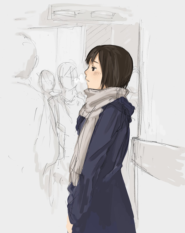 tamaru tokihiko, original, 1girl, androgynous, blue coat, blush, breath, brown eyes, brown hair, coat, crown, from side, half-closed eye, long sleeves, profile, scarf, short hair, sketch, solo focus, uneven eyes, upper body, v arms, winter, winter clothes, winter coat