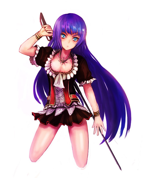 kara (color), seseri, seseri (espgaluda), cave (developer), espgaluda, original, 1girl, blue eyes, blue hair, breasts, cleavage, cowboy shot, cropped legs, dress, female focus, large breasts, long hair, matching hair/eyes, purple hair, skirt, solo, sword, weapon