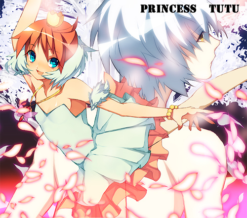 hifumi chiyoko, ahiru (princess tutu), mytho (princess tutu), mythos, princess tutu (character), princess tutu, lowres, 00s, 1boy, 1girl, :d, ahoge, arm up, armpits, ballerina, bare legs, bare shoulders, bead bracelet, beads, blue dress, blue eyes, bracelet, character name, copyright name, cowboy shot, crown, dancing, dress, flat chest, glowing, jewelry, layered dress, leg up, looking at viewer, multicolored hair, necklace, open mouth, orange hair, outstretched arm, pendant, petals, profile, see-through clothes, short hair, smile, strapless, strapless dress, topless male, tutu, two-tone hair, upper body, white hair, yellow eyes