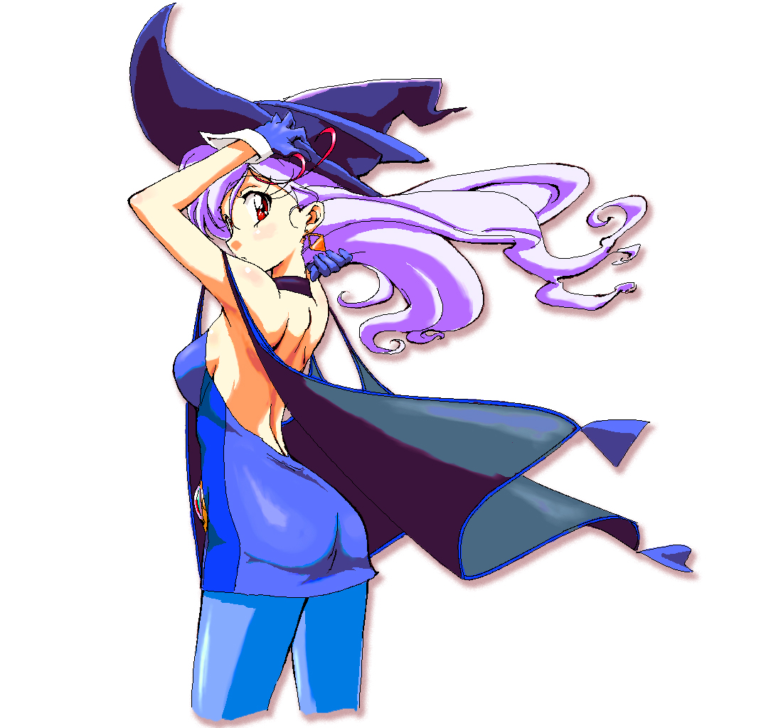 fujimoto satoru, aikawa akane, mahou tsukai tai!, 1990s (style), 1girl, backless dress, backless outfit, blue pantyhose, dress, female focus, pantyhose, retro artstyle, solo, white background, witch