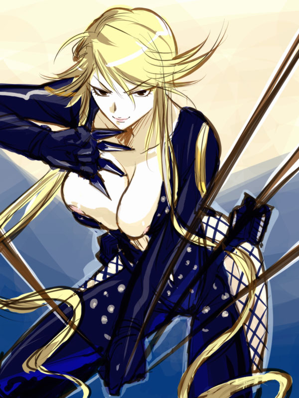 michael f91, kasuga, kasuga (sengoku basara), sengoku basara, 00s, 1girl, areola slip, bare hips, blonde hair, breasts, center opening, cleavage, female focus, fishnets, kunai, large breasts, ninja, nipple slip, nipples, solo, weapon