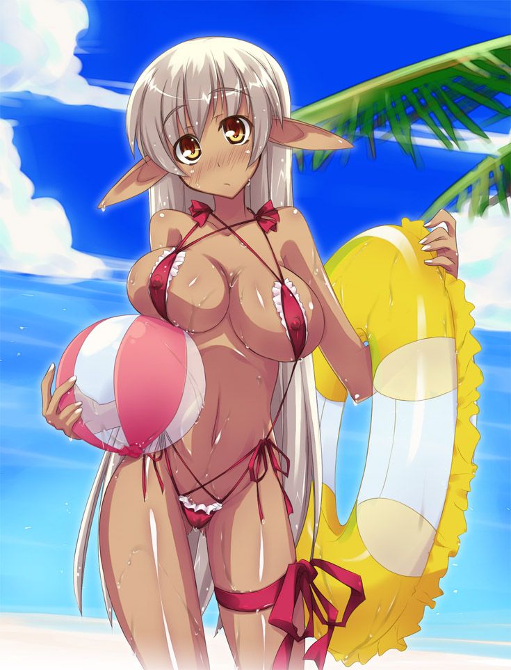 shimakaze (soundz of bell), original, duplicate, 1girl, ball, beach, bikini, blush, breasts, dark-skinned female, dark elf, dark skin, day, elf, female focus, grey hair, large breasts, leg ribbon, long hair, micro bikini, outdoors, pointy ears, ribbon, skinny, slender, solo, string bikini, swimsuit