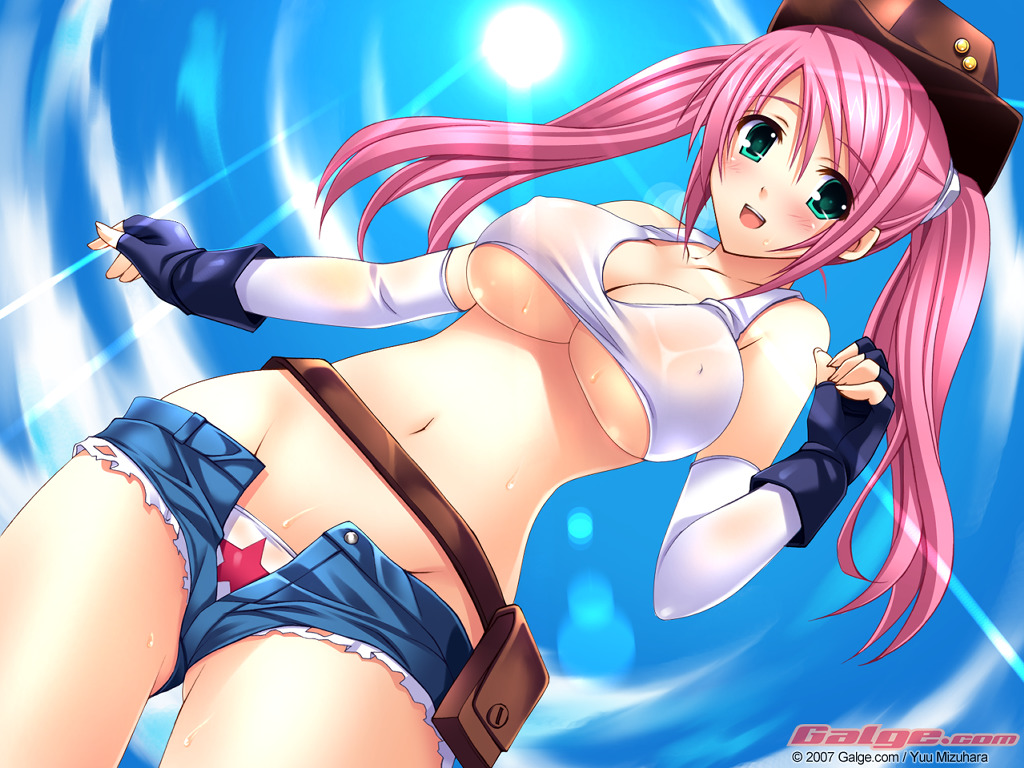 mizuhara yuu, galge.com, original, third-party source, 1girl, 2007, aqua eyes, belt, blush, breasts, brown hat, cleavage, copyright name, covered erect nipples, cowboy hat, cowgirl (western), crop top, cutoffs, dated, day, denim, denim shorts, dutch angle, elbow gloves, female focus, fingerless gloves, gloves, green eyes, hat, large breasts, long hair, midriff, open fly, panties, pink hair, print panties, see-through clothes, short shorts, shorts, solo, split mouth, star (symbol), star print, stomach, sweat, tank top, teeth, twintails, underboob, underwear, unzipped, upper teeth only, white panties