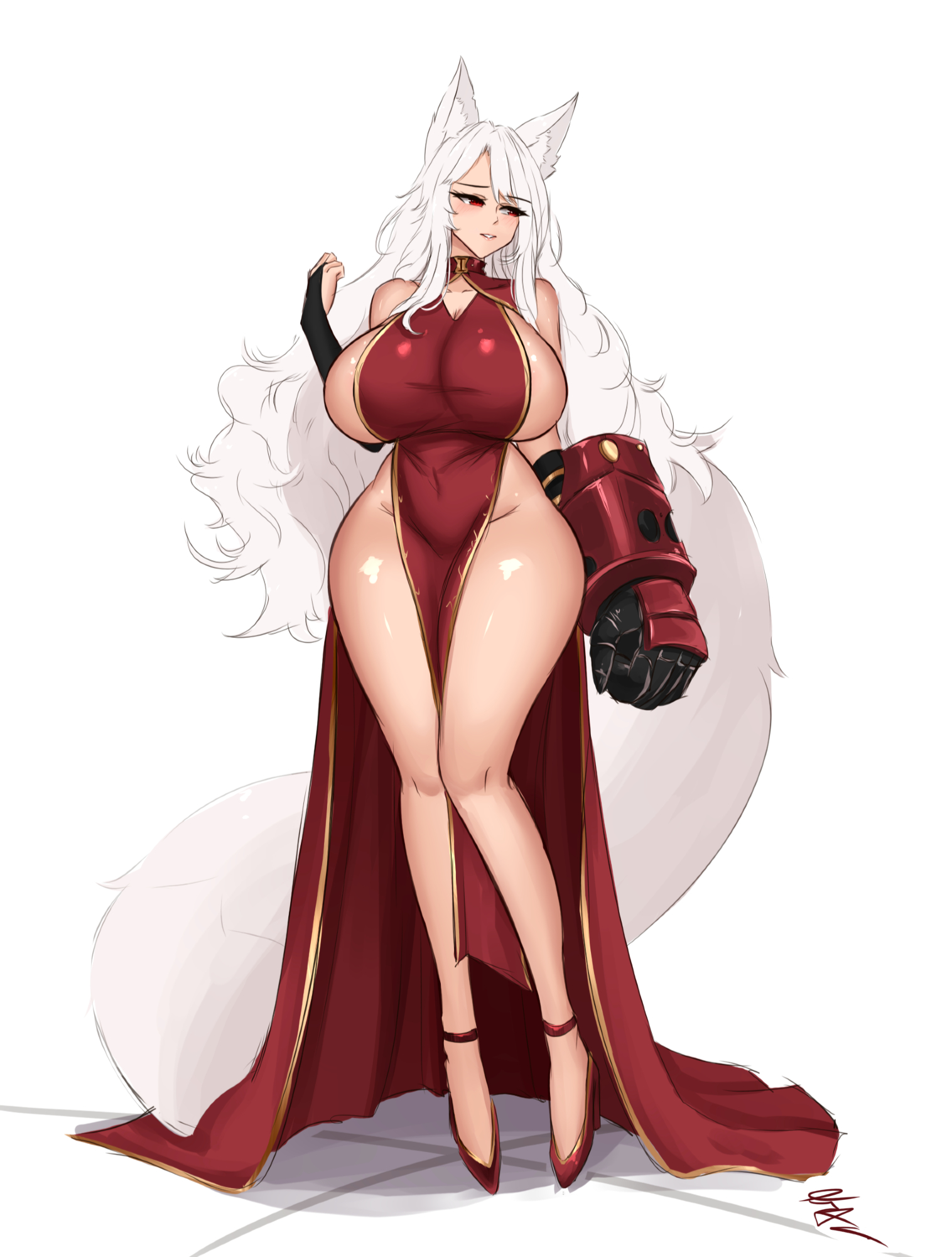 krass, original, highres, 1girl, animal ears, blush, breasts, china dress, chinese clothes, dress, fox ears, fox girl, full body, groin, high heels, huge breasts, large tail, long hair, looking to the side, open mouth, power fist, red dress, red shoes, shoes, signature, simple background, solo, stiletto heels, tail, white background, white hair, wide hips