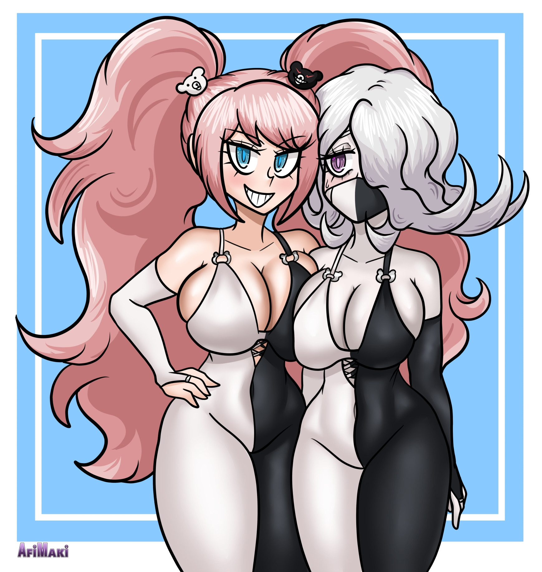 afimaki, enoshima junko, kimura seiko, danganronpa (series), danganronpa 3 (anime), highres, 2girls, bear hair ornament, blue eyes, blush, breasts, bridal gauntlets, cleavage, covered navel, curvy, female focus, grey hair, hair ornament, hair over one eye, hand on own hip, large breasts, long hair, looking at viewer, mask, mouth mask, multiple girls, pale skin, pink hair, purple eyes, simple background, skindentation, twintails