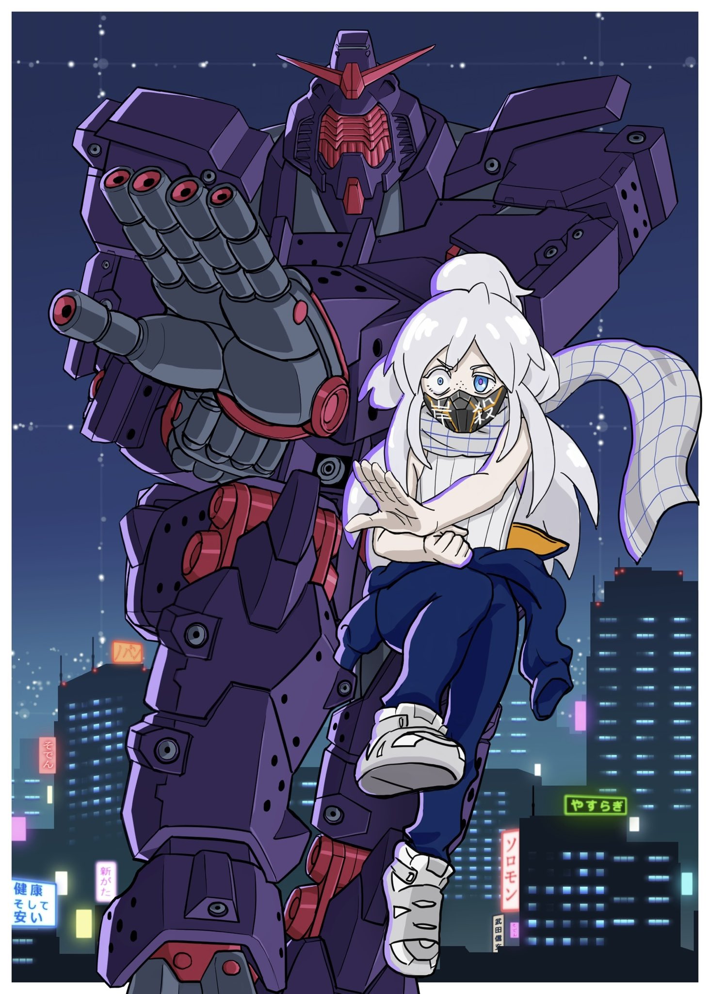 deux murasame, fujikido kenji, psycho gundam (gquuuuuux), gundam, gundam gquuuuuux, ninja slayer, twitter, 1girl, blue eyes, blue suit, building, formal clothes, full body, japanese text, long hair, mask, mecha, mecha pilot suit, robot, scarf, shoes, sleeveless, solo, suit, white hair, white scarf, white shoes