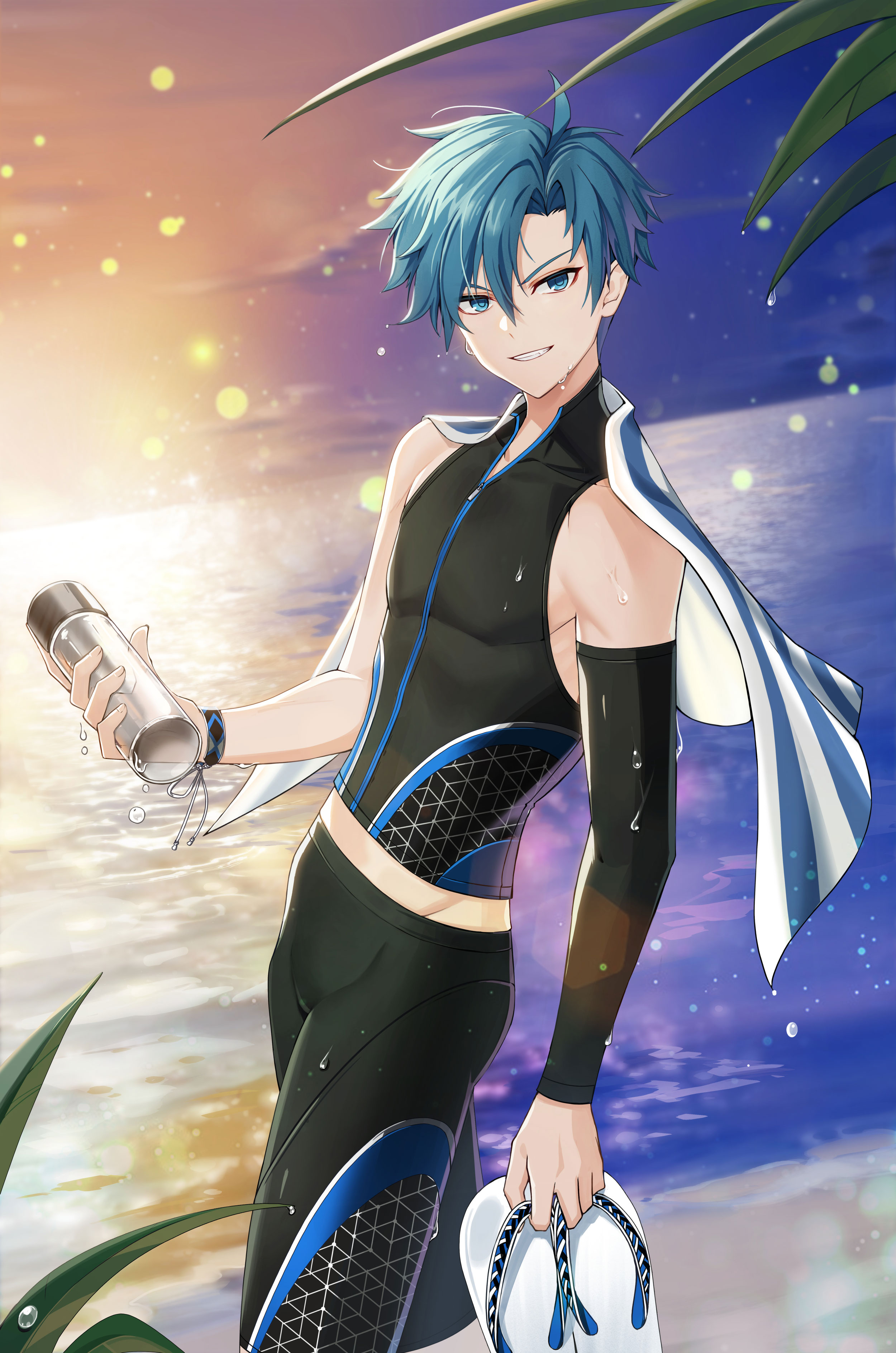 nata (closers), closers, absurdres, highres, official art, 1boy, blue eyes, blue hair, blurry, bokeh, bottle, depth of field, grin, holding, holding bottle, jacket, jacket on shoulders, looking at viewer, male focus, male swimwear, rash guard, short hair, slippers, smile, solo, swim trunks