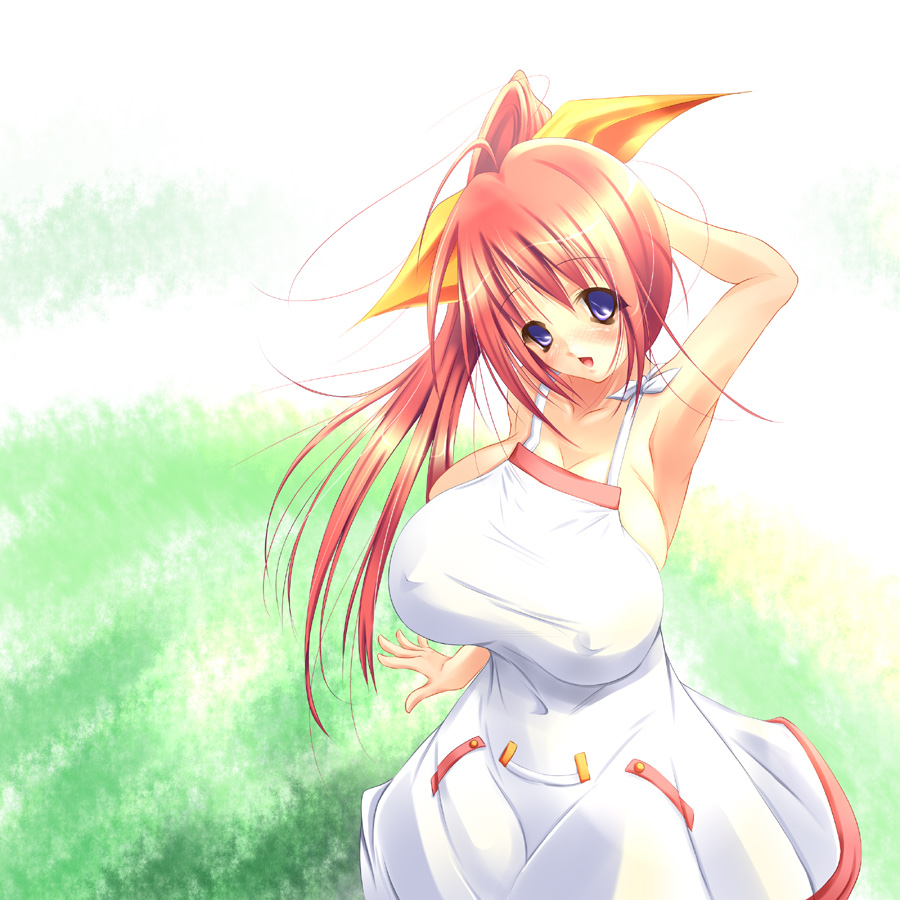 fct, sara da pranzo, sdp, hana (pangya), pangya, 1girl, alternate breast size (larger), arm up, armpits, asymmetrical breasts, blue eyes, blush, breasts, covered erect nipples, dress, female focus, huge breasts, large breasts, long hair, open mouth, pink hair, ponytail, purple eyes, red hair, solo, white dress