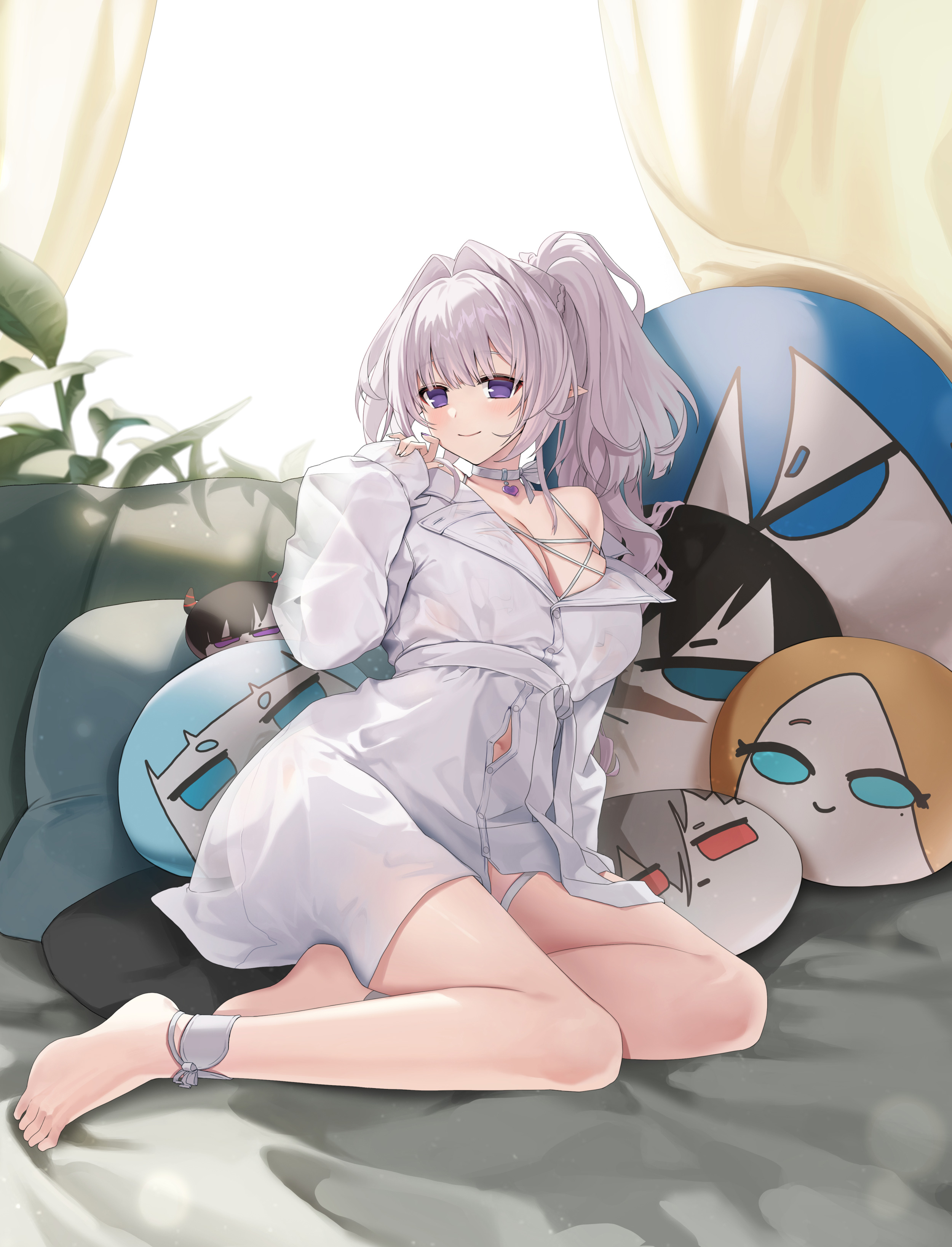 levia (closers), closers, absurdres, highres, official art, 1girl, bare legs, bare shoulders, barefoot, bathrobe, bikini, bikini under clothes, breasts, button gap, choker, cleavage, closed mouth, hand up, large breasts, long hair, long sleeves, looking at viewer, navel, off shoulder, on bed, pointy ears, ponytail, purple eyes, see-through clothes, see-through sleeves, sitting, smile, solo, string bikini, swimsuit, thigh strap, white choker, white hair, yokozuwari