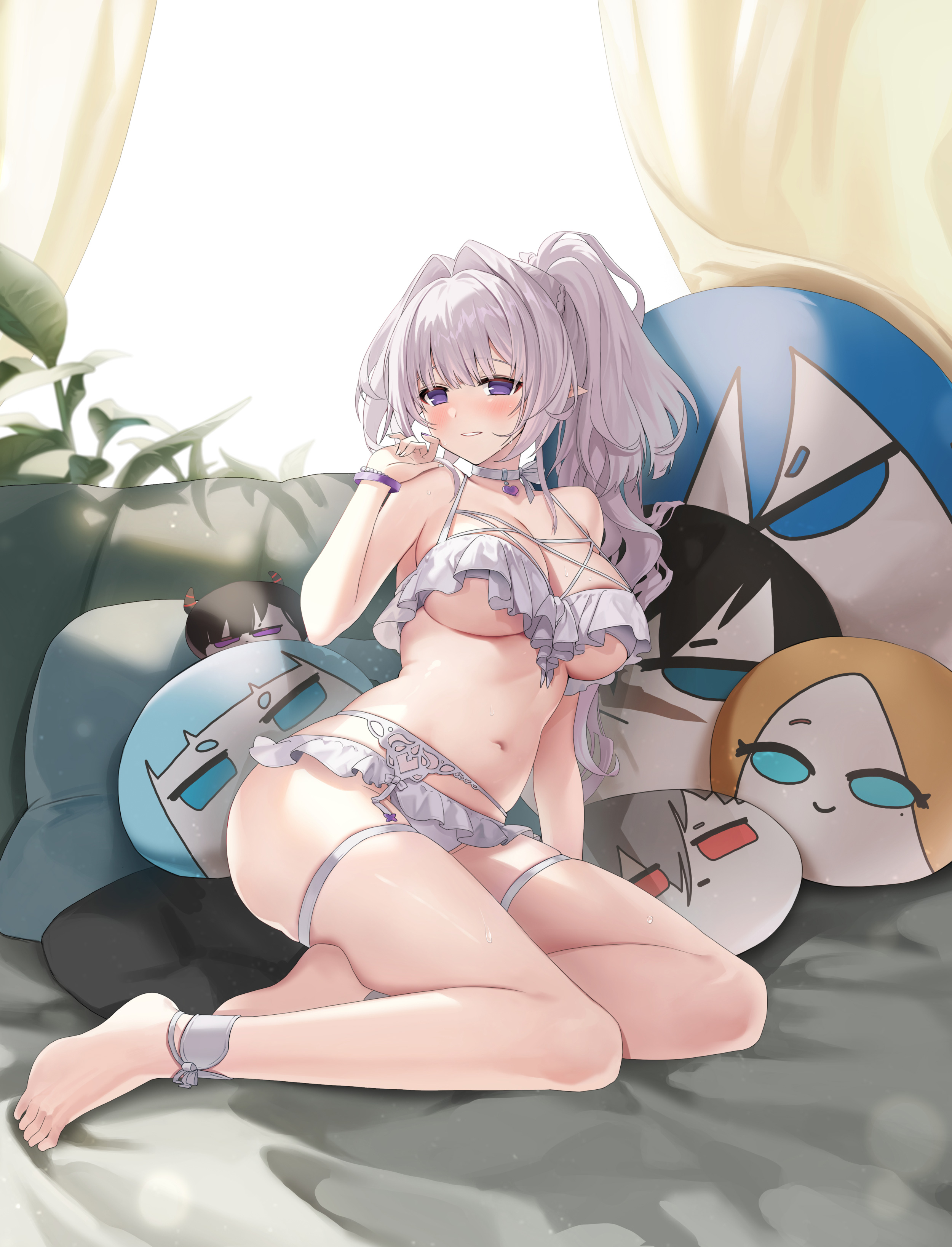 levia (closers), closers, absurdres, highres, official art, 1girl, bare arms, bare legs, bare shoulders, barefoot, bikini, blush, breasts, choker, cleavage, frilled bikini, frills, garter belt, grin, hand up, large breasts, long hair, looking at viewer, multi-strapped bikini top, navel, on bed, pointy ears, ponytail, purple eyes, sitting, smile, solo, stomach, string bikini, swimsuit, thigh strap, thighs, underboob, white bikini, white choker, white hair, wristband, yokozuwari