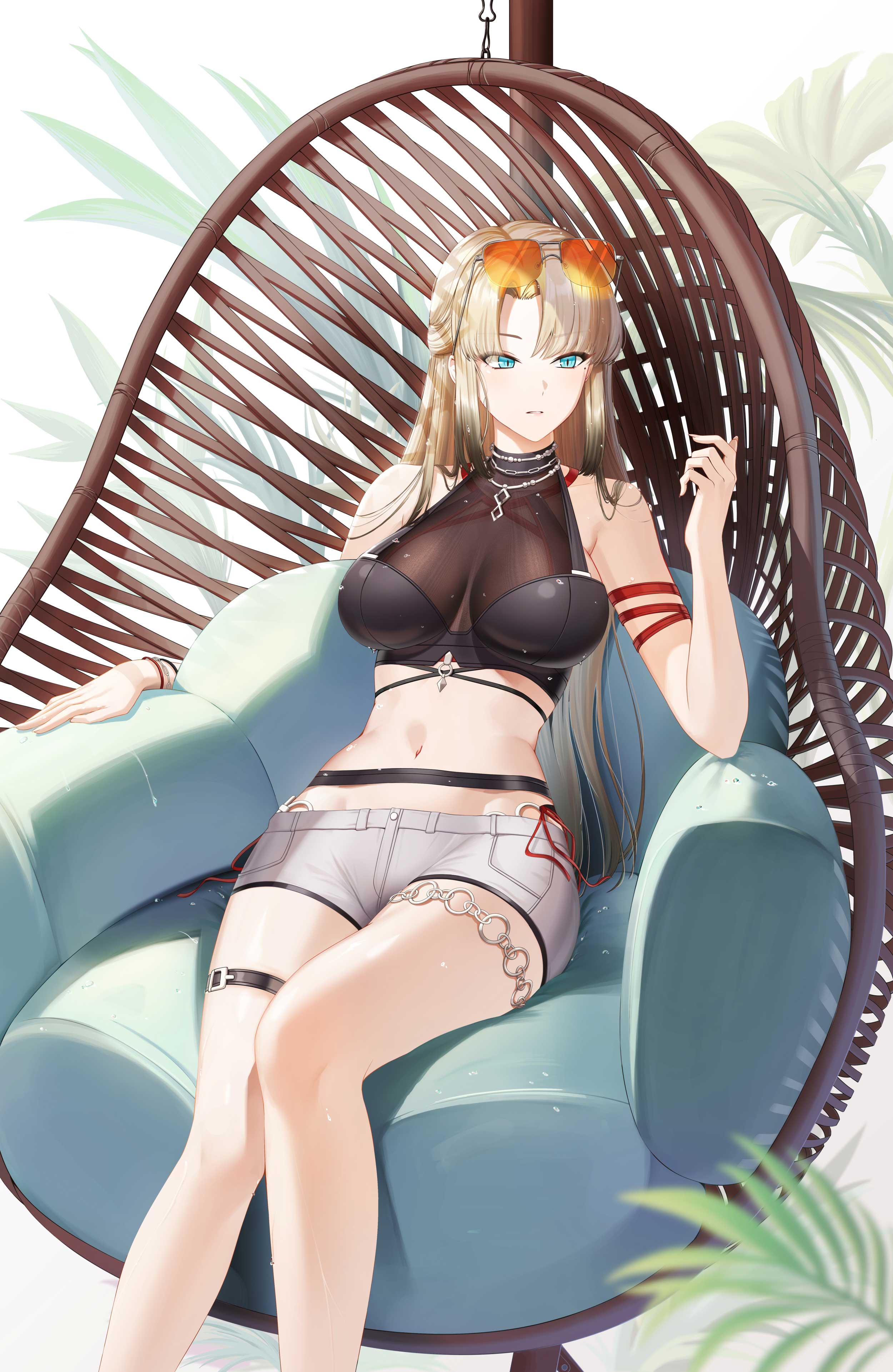 harpy (closers), closers, absurdres, highres, official art, 1girl, arm strap, bare legs, bare shoulders, belt, bikini, black hair, black shirt, blonde hair, breasts, chair, crop top, eyewear on head, feet out of frame, gradient hair, hand up, jewelry, large breasts, long hair, midriff, mole, mole under eye, multicolored hair, navel, necklace, o-ring, o-ring bikini, parted bangs, parted lips, shirt, short shorts, shorts, sitting, sleeveless, sleeveless shirt, solo, stomach, sunglasses, swimsuit, thigh strap, thighlet, thighs, very long hair, white shorts
