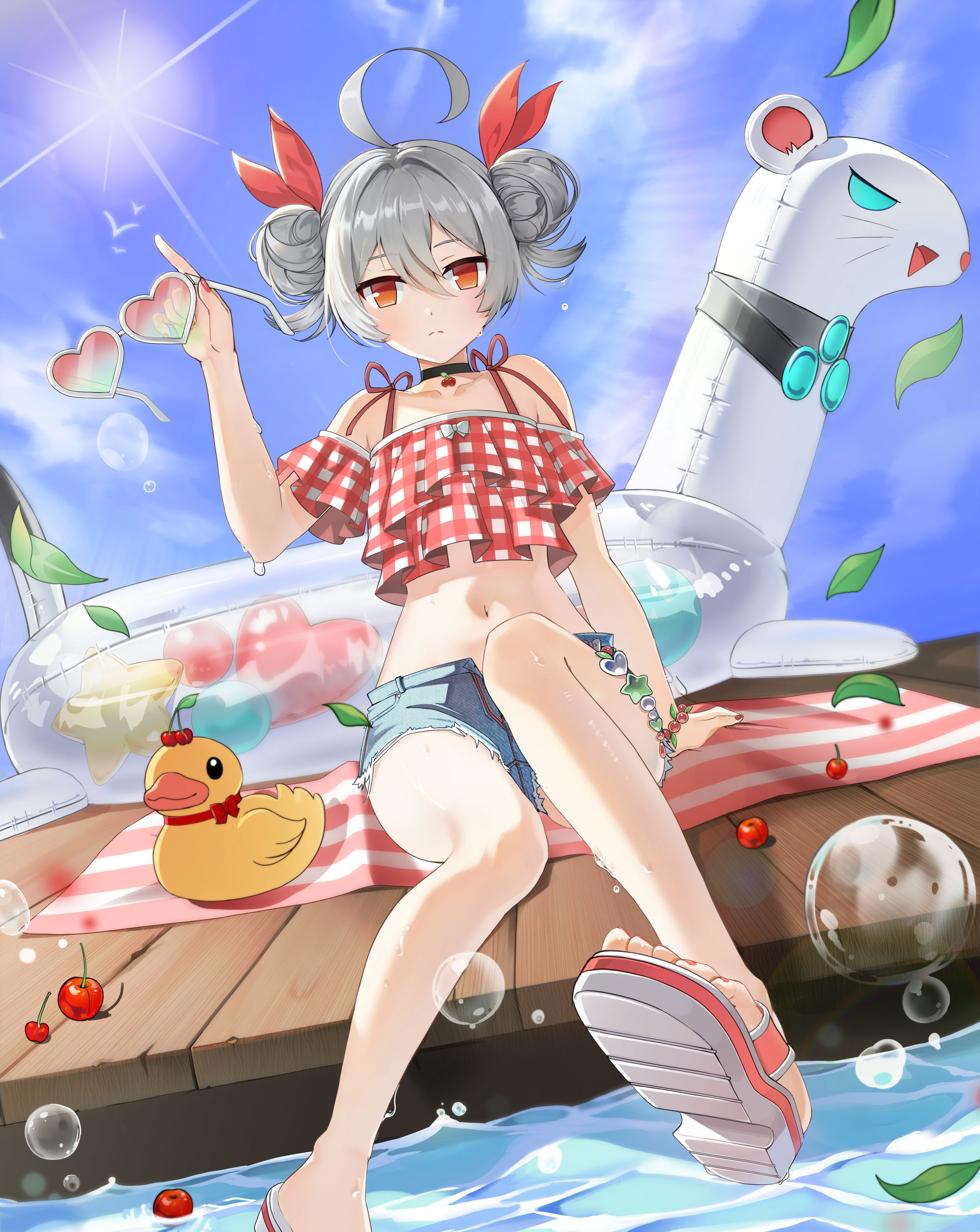 tina (closers), closers, absurdres, highres, official art, 1girl, ahoge, bare legs, bare shoulders, black choker, blue shorts, choker, closed mouth, crop top, crop top overhang, cutoffs, day, denim, denim shorts, double bun, expressionless, grey hair, hair bun, hair ribbon, hand up, heart, heart-shaped eyewear, holding, holding removed eyewear, innertube, leg up, looking at viewer, medium hair, midriff, navel, off shoulder, open fly, orange eyes, outdoors, plaid clothes, plaid shirt, red shirt, ribbon, rubber duck, shirt, short shorts, shorts, sitting, slippers, solo, stomach, sunglasses, sunlight, swim ring, thighs, unworn eyewear, wet