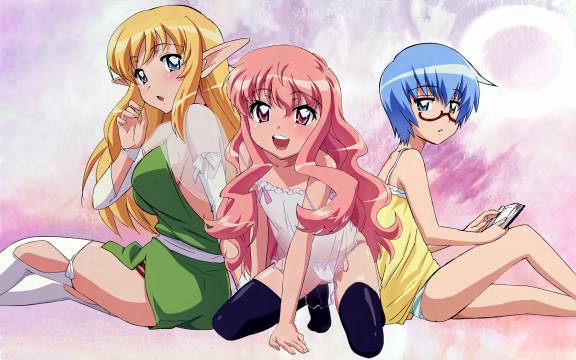 fujii masahiro, louise francoise le blanc de la valliere, tabitha (zero no tsukaima), tiffania westwood, zero no tsukaima, 00s, elf, halterneck, pointy ears, thighhighs