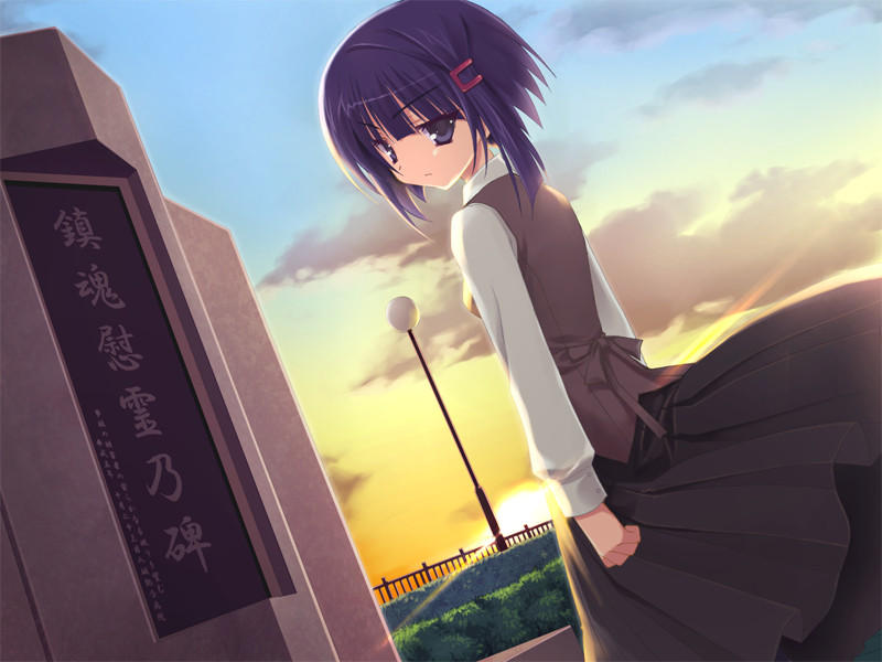 kobuichi, muririn, nomiya yuu, empty x embryo, game cg, 1girl, blue eyes, blue hair, dutch angle, female focus, looking back, matching hair/eyes, outdoors, school uniform, serafuku, short hair, skirt, sky, solo, sunset, wind, yu nomiya