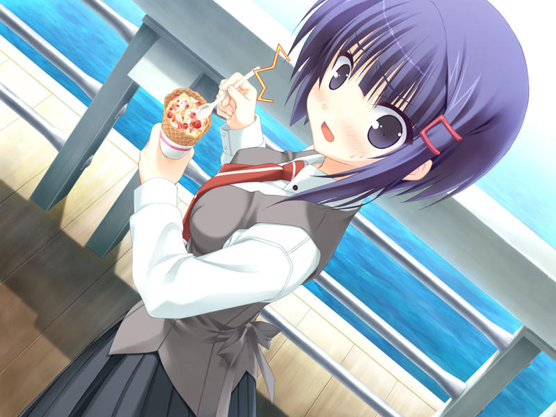 kobuichi, muririn, nomiya yuu, empty x embryo, game cg, jpeg artifacts, 1girl, :o, ^^^, blue eyes, blue hair, blush, dessert, dutch angle, female focus, fence, food, holding, holding spoon, matching hair/eyes, necktie, school uniform, serafuku, short hair, skirt, solo, spoon, surprised, water, yu nomiya