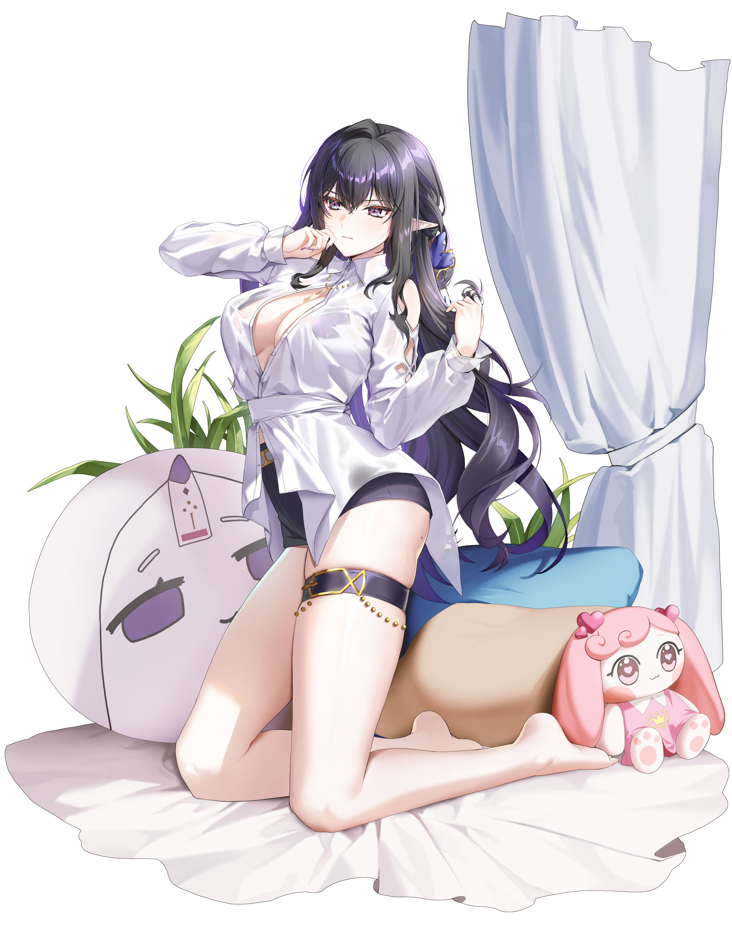 closers, absurdres, highres, official art, 1girl, 3:, arm up, bare legs, barefoot, black hair, black shorts, breasts, character doll, cleavage, closed mouth, clothing cutout, collared shirt, cross-shaped pupils, doll, full body, gradient hair, high-waist shorts, kneeling, large breasts, long hair, long sleeves, looking to the side, mole, mole on thigh, multicolored hair, pointy ears, purple eyes, purple hair, see-through clothes, see-through shirt, shirt, short shorts, shorts, shoulder cutout, skindentation, solo, symbol-shaped pupils, thigh strap, thighs, triss (closers), twirling hair, very long hair, white shirt