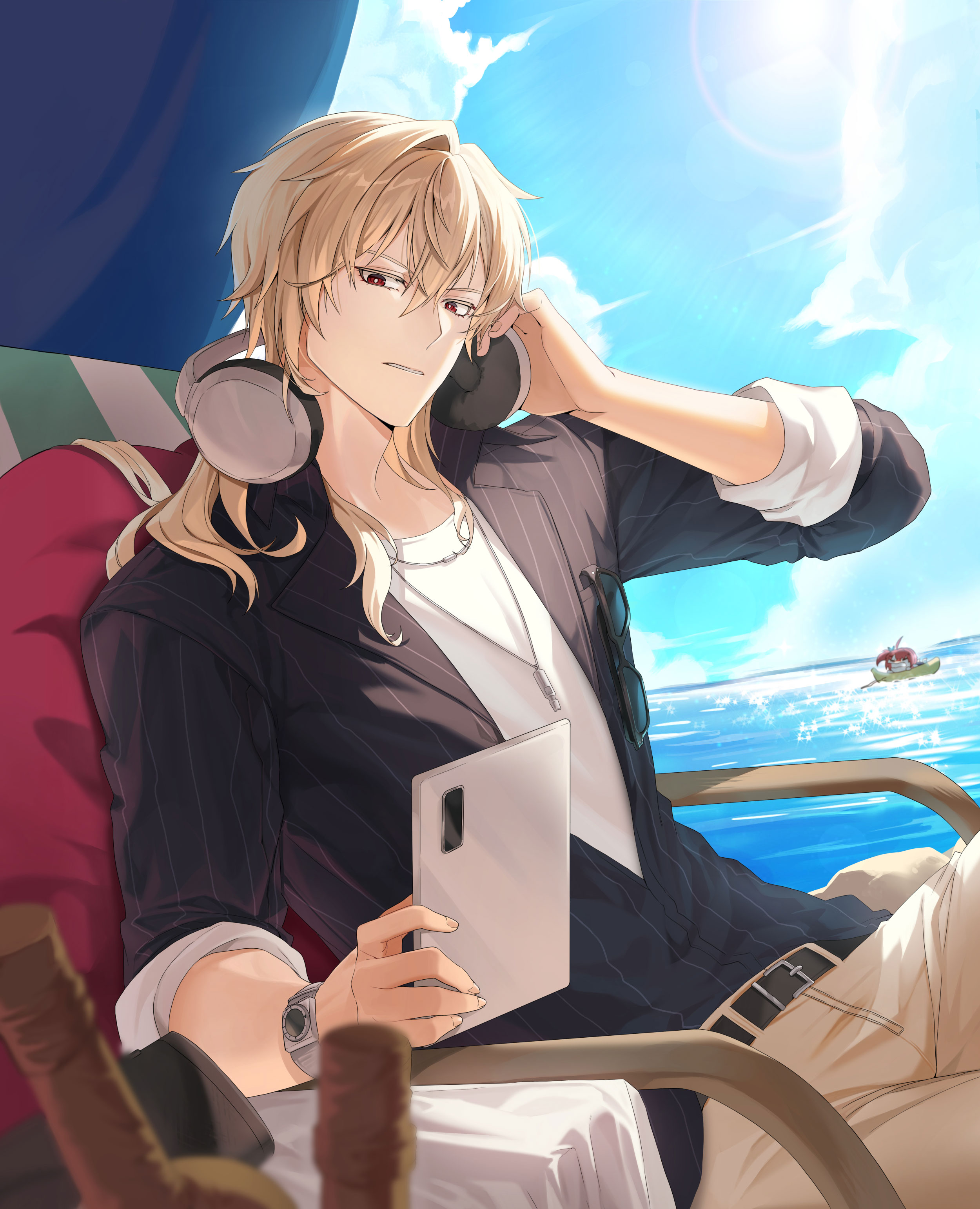 wolfgang schneider, closers, absurdres, highres, official art, 1boy, belt, black shirt, blonde hair, blurry, blurry foreground, chair, day, hand up, headphones, holding, holding tablet pc, long hair, looking at viewer, male focus, pants, parted lips, red eyes, shirt, sitting, solo, sunlight, tablet pc, undershirt, white pants
