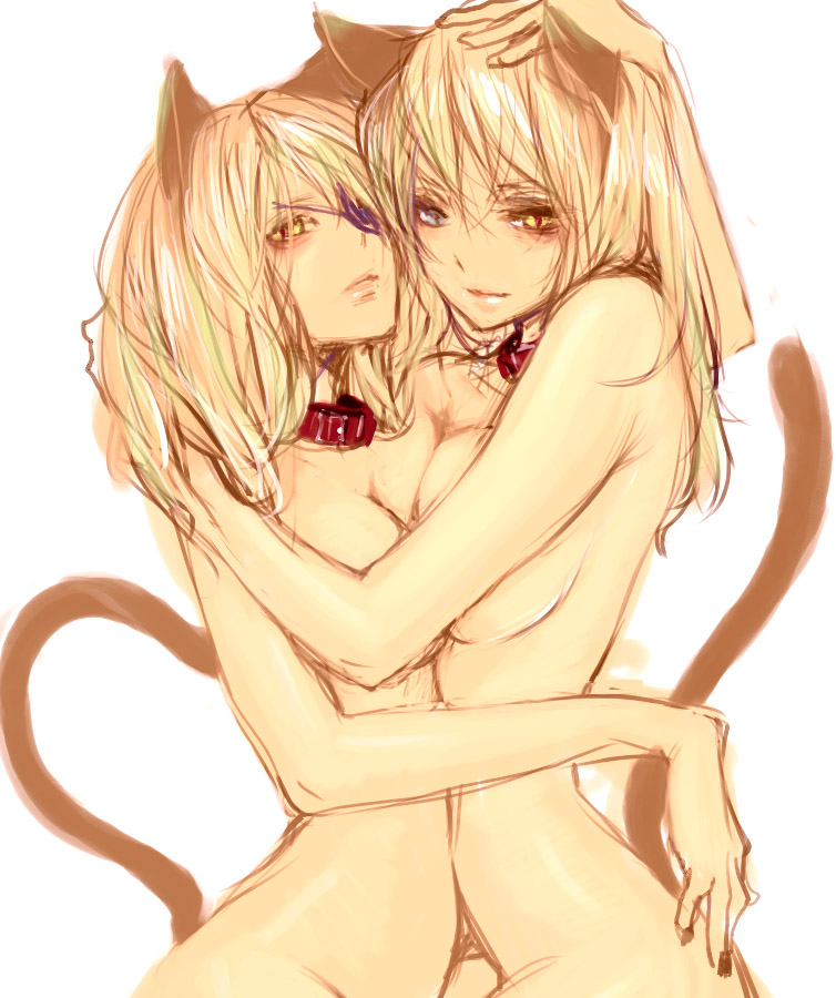 goshiki suzu, 2girls, animal ears, belly-to-belly, blonde hair, breast press, breasts, breasts squeezed together, cat ears, cat tail, collar, eyepatch, heterochromia, monochrome, multiple girls, naughty face, nude, siblings, sisters, slit pupils, symmetrical docking, tail, twins, yuri