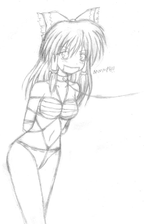 maullarmaullar, hakurei reimu, touhou, 1girl, bdsm, bondage, bound, bow, collar, female focus, gag, gagged, greyscale, hair bow, improvised gag, leash, monochrome, panties, sarashi, shibari, solo, tape, tape gag, underwear