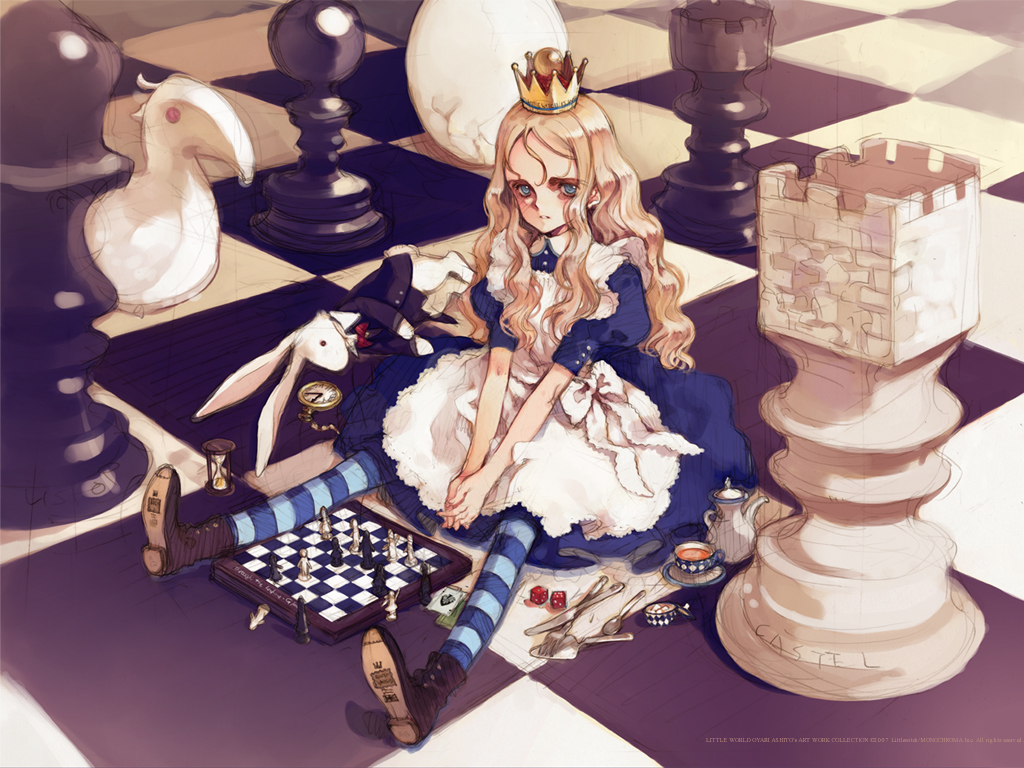 ooyari ashito, alice (alice in wonderland), white rabbit (alice in wonderland), alice's adventures in wonderland, original, blonde hair, blue eyes, board game, boots, card, chess, chess piece, crown, dice, egg, fork, game, hourglass, knife, living piece, pocket watch, queen, rabbit, solo, spoon, striped clothes, striped thighhighs, tea, thighhighs, watch