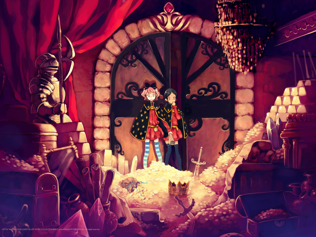 ooyari ashito, aria vancleef, kaya xavier, littlewitch, shoujo mahou gaku littlewitch romanesque, black legwear, blue legwear, striped legwear, 2girls, :o, armor, black hair, blue eyes, bow, cape, chandelier, checkered clothes, checkered legwear, checkered thighhighs, coin, covering own mouth, crown, crystal, curtains, dated, door, dress, fantasy, flat chest, forehead jewel, full armor, gem, gold, gold bar, gold crown, hair bow, halberd, hand over mouth, hand over own mouth, indoors, long hair, mirror, multiple girls, parted bangs, pink hair, polearm, sack, sash, scroll, short dress, short hair, standing, striped clothes, striped thighhighs, surprised, sword, thighhighs, treasure, treasure chest, twintails, vase, watermark, weapon, zettai ryouiki