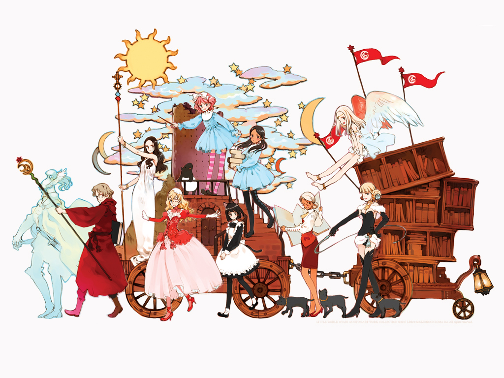 ooyari ashito, aria vancleef, domino (little witch romanesque), fianna mellowa, kaya xavier, mariella grandback, olga klose, olivia (little witch romanesque), sepha, sepha (littlewitch), teie (littlewitch), tillet, littlewitch, shoujo mahou gaku littlewitch romanesque, striped legwear, official art, official wallpaper, 6+girls, :d, ;d, angel, angel wings, animal ears, anklet, apron, ascot, barefoot, bikini, black hair, black thighhighs, blonde hair, bob cut, book, boots, bow, bracelet, breasts, cape, capelet, cart, cat ears, cat tail, circlet, cleavage, cloud, crescent, crescent moon, dark-skinned female, dark skin, dog, double bun, dress, earrings, elbow gloves, everyone, facial mark, feet, flag, flat chest, forehead mark, fur trim, glasses, gloves, grey hair, hair bow, hair bun, hair ornament, hand on own hip, helmet, high heels, jewelry, lantern, leotard, long hair, maid, maid apron, moon, multiple girls, necklace, office lady, one eye closed, open mouth, outstretched arms, pantyhose, pencil skirt, pink thighhighs, robe, sash, shoes, short dress, short hair, sitting, skirt, smile, spread arms, staff, standing, star (symbol), striped clothes, striped thighhighs, sun, sun symbol, swimsuit, sword, tail, thigh boots, thighhighs, twintails, walking, wand, wavy hair, weapon, whip, white hair, winged helmet, wings, wink
