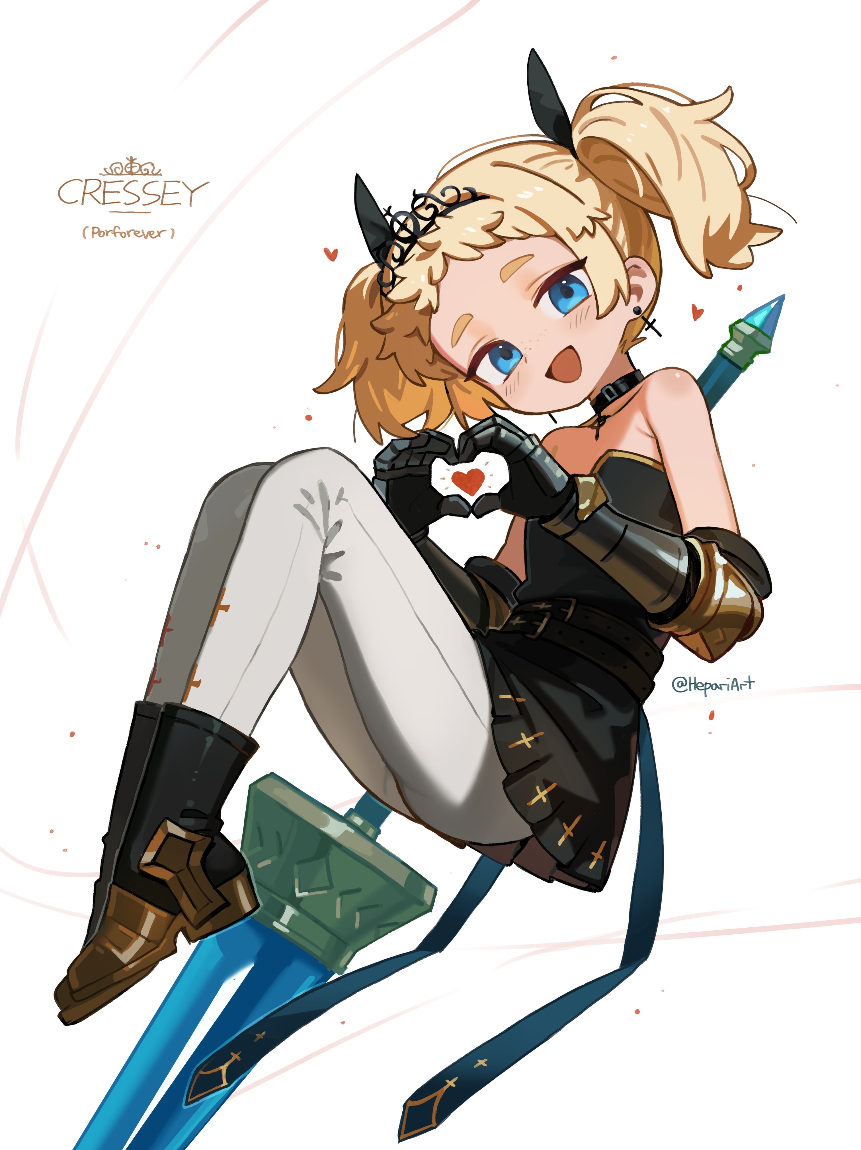 hepari, original, absurdres, highres, 1girl, armor, black skirt, blonde hair, blue eyes, blush, borrowed character, choker, collarbone, cross, cross choker, cross earrings, earrings, freckles, full body, heart, heart hands, jewelry, lance, looking at viewer, open mouth, pants, pleated skirt, polearm, short hair, short twintails, skirt, smile, tiara, twintails, twitter username, weapon, white pants
