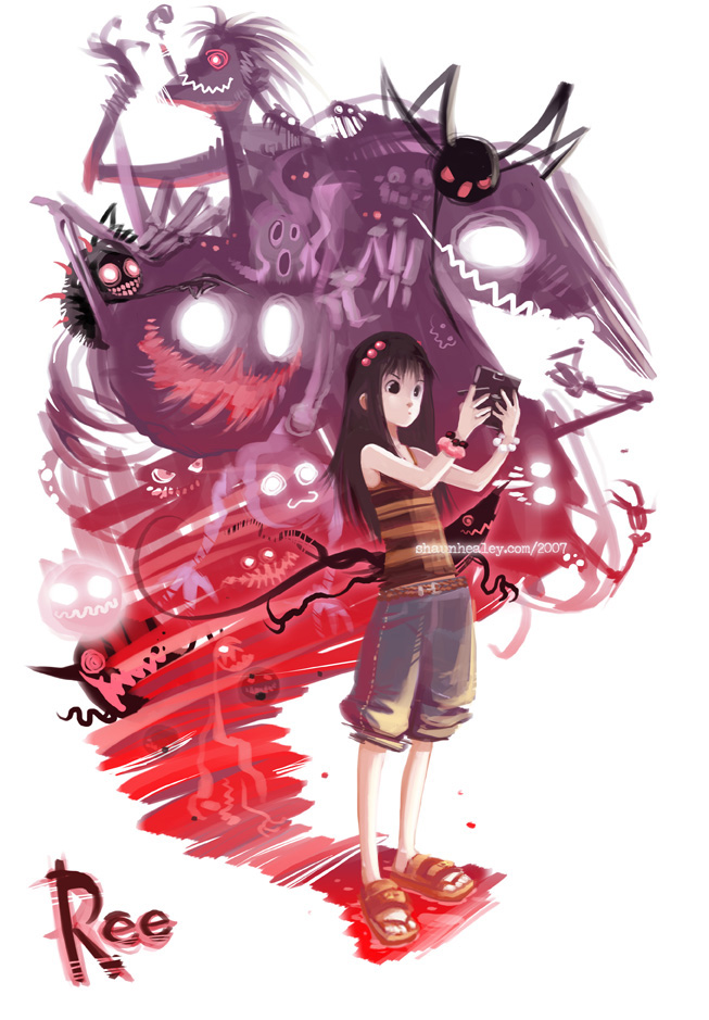 shaun healey, ree (shaun healey), original, 1girl, bracelet, brown eyes, brown hair, character name, child, cigar, female focus, glowing, glowing eyes, hair ornament, hairpin, handheld game console, jewelry, monster, nintendo ds, sandals, shadow, shorts, smoking, solo
