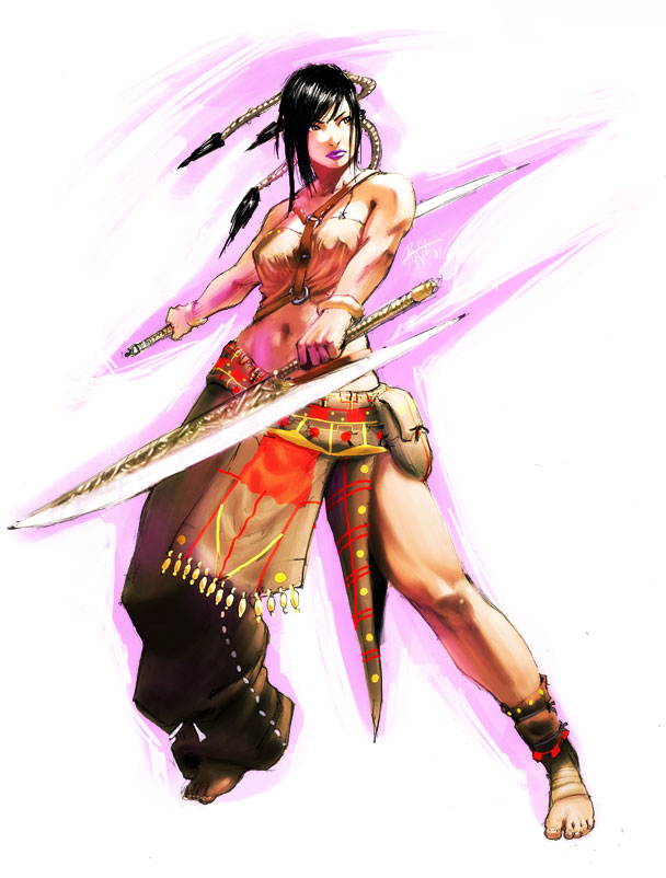 blade, artist request, 1girl, amazon warrior, bandeau, barefoot, black hair, female focus, lips, lipstick, makeup, midriff, simple background, solo, strapless, tube top, weapon