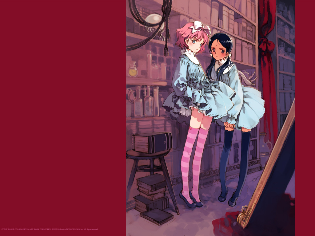 ooyari ashito, aria vancleef, kaya xavier, littlewitch, shoujo mahou gaku littlewitch romanesque, striped legwear, official art, official wallpaper, 2girls, bindi, black hair, black thighhighs, blue eyes, blush, book, bottle, bow, bow legwear, clothes lift, curtains, dark-skinned female, dark skin, dress, dress lift, facial mark, flat chest, forehead mark, hair bow, leaning forward, legs, library, loli, long hair, multiple girls, orb, panties, panty peek, pink hair, pink thighhighs, purple eyes, sexually suggestive, shoes, short dress, short hair, side-tie panties, standing, stool, striped clothes, striped thighhighs, thighhighs, tiptoes, turtleneck, twintails, underwear, zettai ryouiki