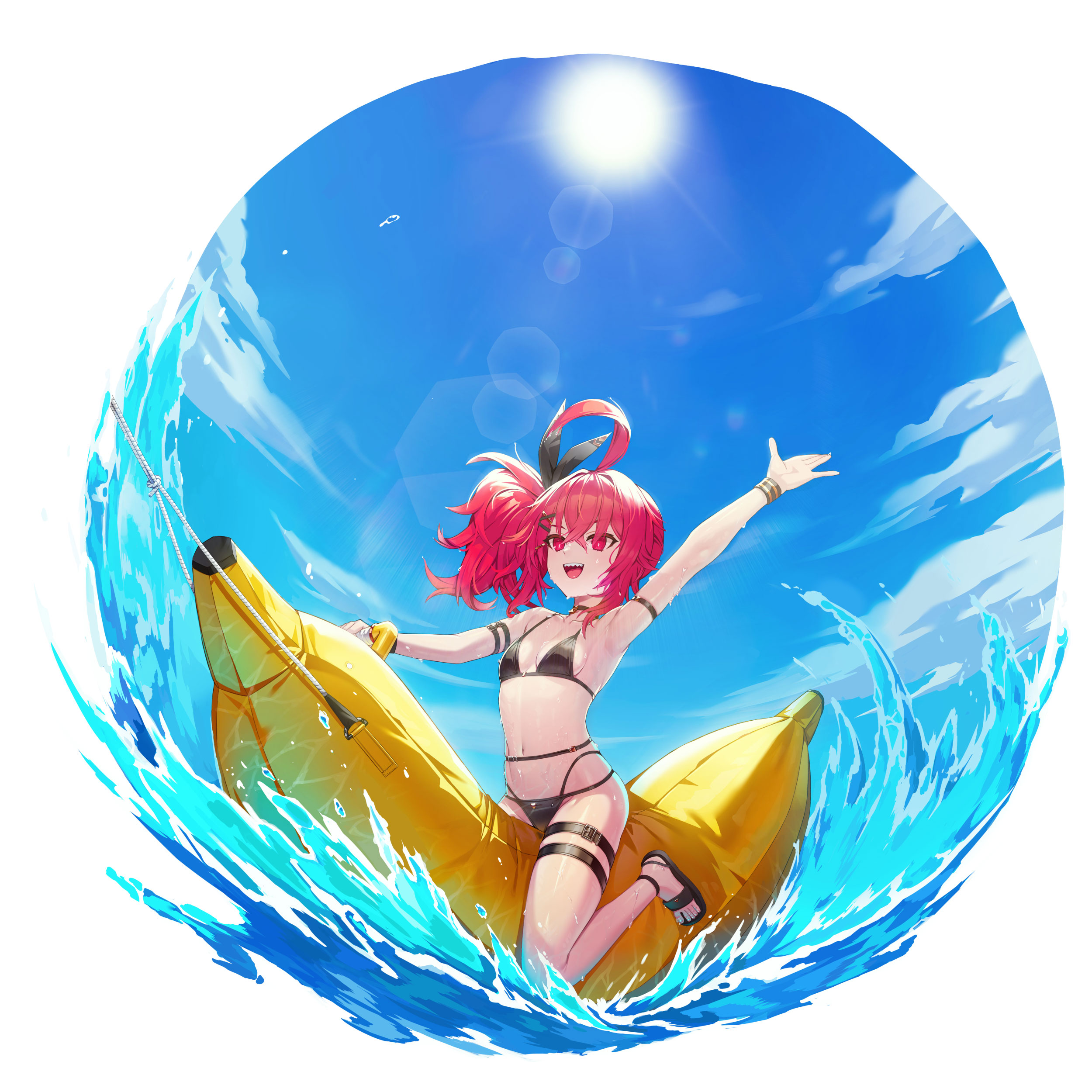 seth (closers), closers, absurdres, highres, official art, 1girl, ahoge, arm strap, arm up, armpits, banana boat, bare shoulders, belt, bikini, black bikini, black choker, breasts, choker, day, hair ribbon, lens flare, long hair, multi-strapped bikini bottom, navel, open mouth, red eyes, red hair, ribbon, riding, sandals, sharp teeth, side ponytail, small breasts, smile, solo, stomach, string bikini, sunlight, swimsuit, teeth, thigh belt, thigh strap, thighs, water, wet, wristband
