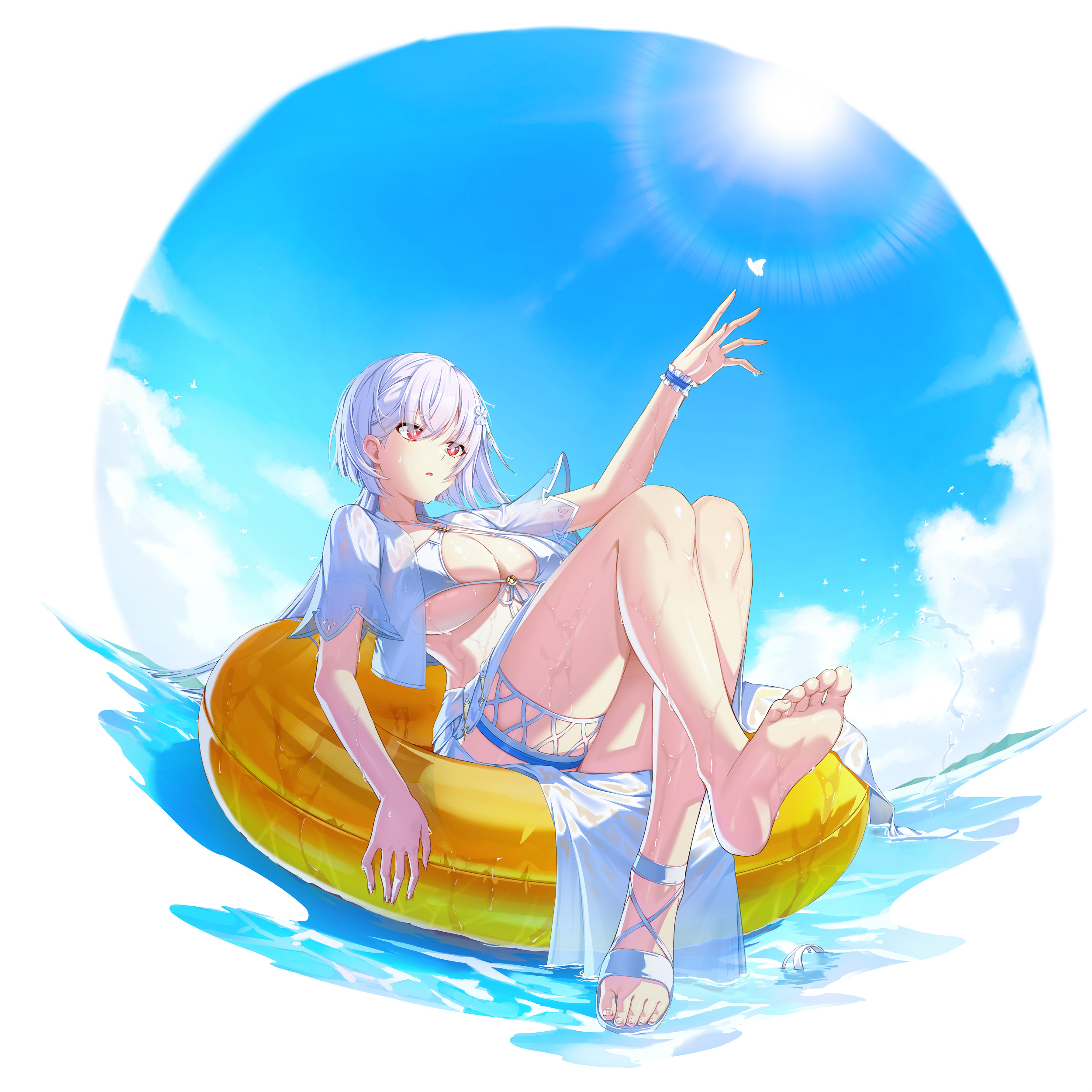 mirae (closers), closers, absurdres, highres, official art, 1girl, arm up, bare legs, barefoot, bikini, breasts, bright pupils, cleavage, criss-cross halter, crop top, day, feet, front-tie bikini top, front-tie top, full body, halterneck, innertube, knees up, large breasts, leg up, long hair, looking up, low ponytail, open clothes, open mouth, open shirt, outdoors, ponytail, reclining, red eyes, sandals, sarong, shirt, soles, solo, string bikini, sunlight, swim ring, swimsuit, thigh strap, thighs, toes, wet, white bikini, white hair, white sarong, white shirt, wristband