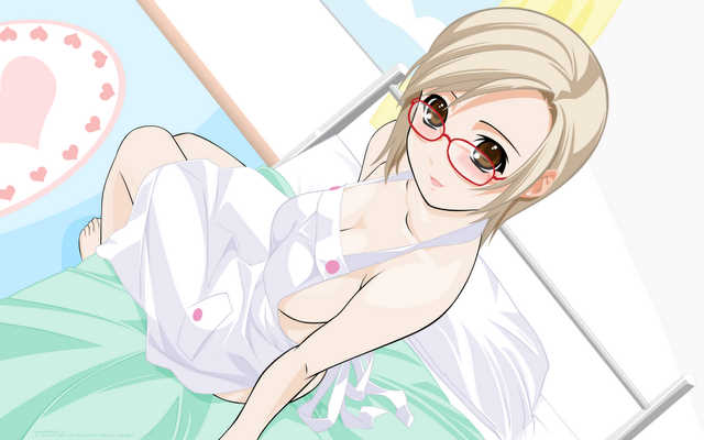 derivative work, jpeg artifacts, 1girl, apron, breasts, female focus, glasses, large breasts, naked apron, sideboob, solo