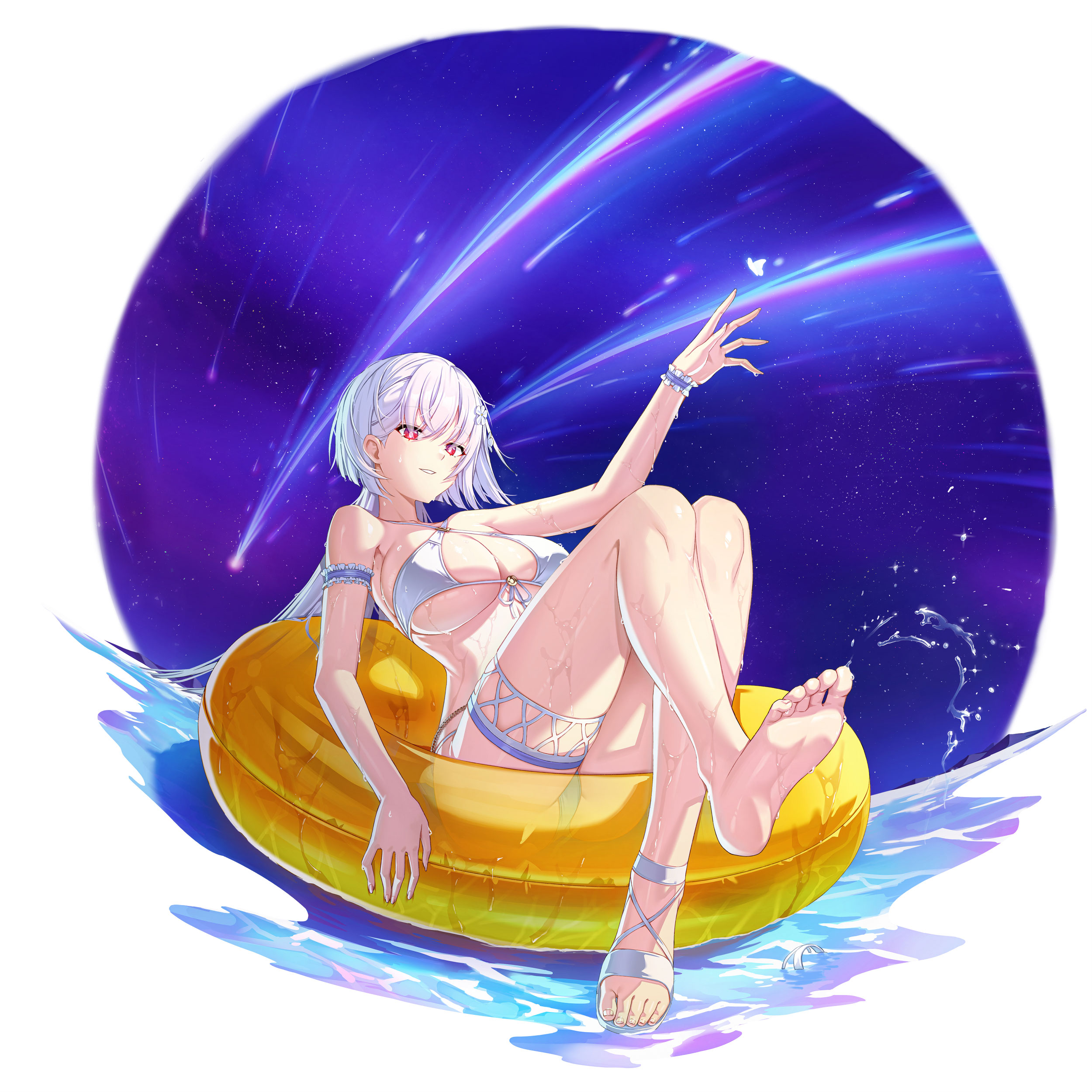 mirae (closers), closers, absurdres, highres, official art, 1girl, arm garter, arm up, bare legs, bare shoulders, barefoot, bikini, breasts, bright pupils, cleavage, criss-cross halter, feet, front-tie bikini top, front-tie top, full body, grin, halterneck, innertube, knees up, large breasts, leg up, long hair, looking at viewer, low ponytail, night, outdoors, ponytail, reclining, red eyes, sandals, shooting star, smile, soles, solo, string bikini, swim ring, swimsuit, thigh strap, thighs, toes, wet, white bikini, white hair, wristband