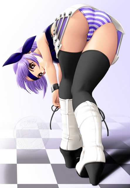onoe, ayane (doa), dead or alive, tecmo, 1girl, ass, bent over, black thighhighs, blue hair, blue panties, boots, brown eyes, cameltoe, crop top, female focus, hair ribbon, headband, kneepits, miniskirt, panties, pantyshot, purple hair, ribbon, skirt, solo, standing, striped clothes, striped panties, thighhighs, thighs, trefoil, underwear, watermark, zettai ryouiki