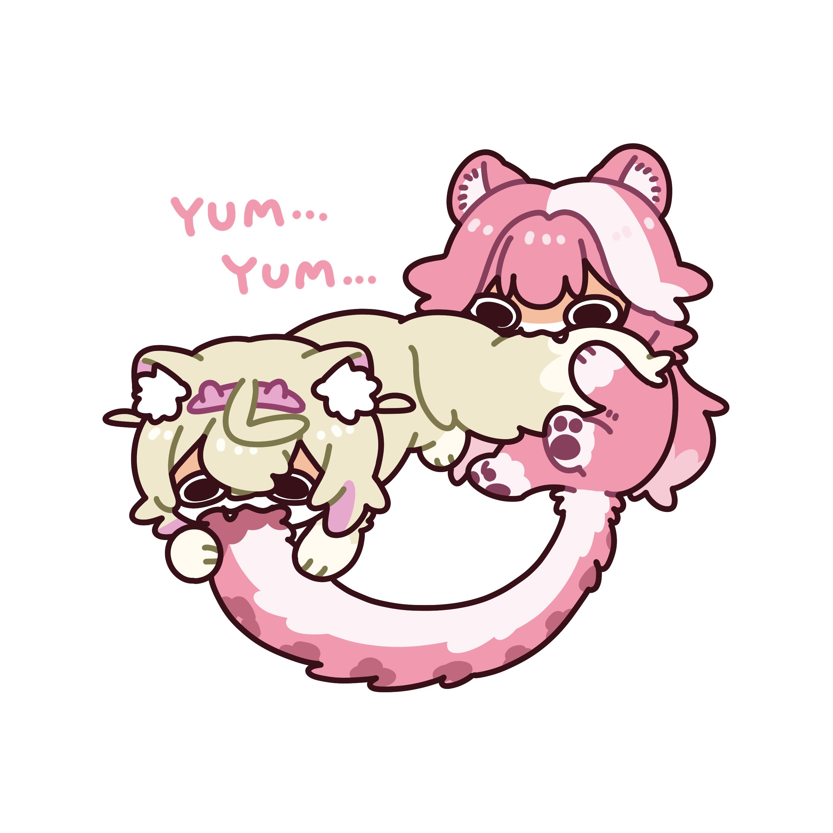 mococo abyssgard, raora panthera, hololive, hololive english, absurdres, commentary, english commentary, highres, 2girls, :3, animal ear fluff, animal ears, animal hands, animalization, biting another's tail, blonde hair, chibi, chibi only, dog ears, dog tail, english text, facing viewer, fake horns, fang, horns, mochigome (h0 pj), multicolored hair, multiple girls, pawpads, pink fur, pink hair, simple background, streaked hair, tail, white background, yellow fur