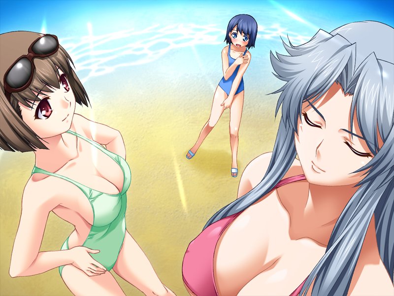 watanabe yoshihiro, harukawa iori, hiyama mayumi, sawatari kana, hide mind, west vision, 3girls, :o, age difference, beach, bikini, blue eyes, blue hair, blue one-piece swimsuit, blush, bob cut, breast envy, breasts, casual one-piece swimsuit, cleavage, collarbone, covered erect nipples, day, eyewear on head, flat chest, flipped hair, green one-piece swimsuit, grey hair, hands on own hips, large breasts, light rays, light smile, long hair, looking at another, multiple girls, ocean, one-piece swimsuit, open mouth, outdoors, parted bangs, pink bikini, red eyes, sandals, short hair, sideboob, sidelocks, smile, standing, sunbeam, sunglasses, sunlight, swimsuit, underboob, water