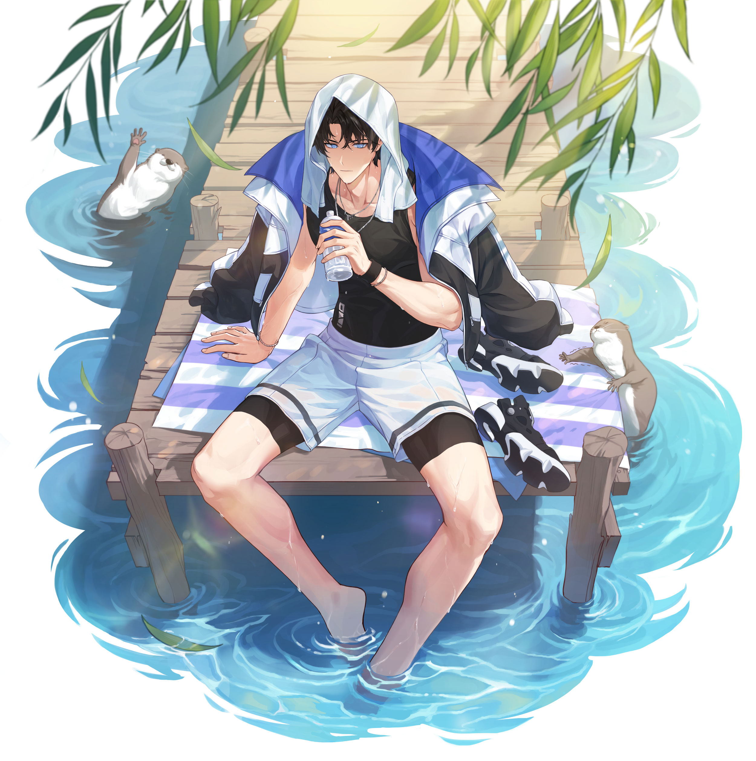chulsoo kim (closers), closers, absurdres, highres, official art, 1boy, black hair, black tank top, blue eyes, bottle, hand up, holding, holding bottle, jacket, jacket on shoulders, jewelry, looking at viewer, male focus, necklace, shoes, short hair, shorts, sitting, sneakers, soaking feet, solo, tank top, towel, towel on head, unworn shoes, water, white shorts